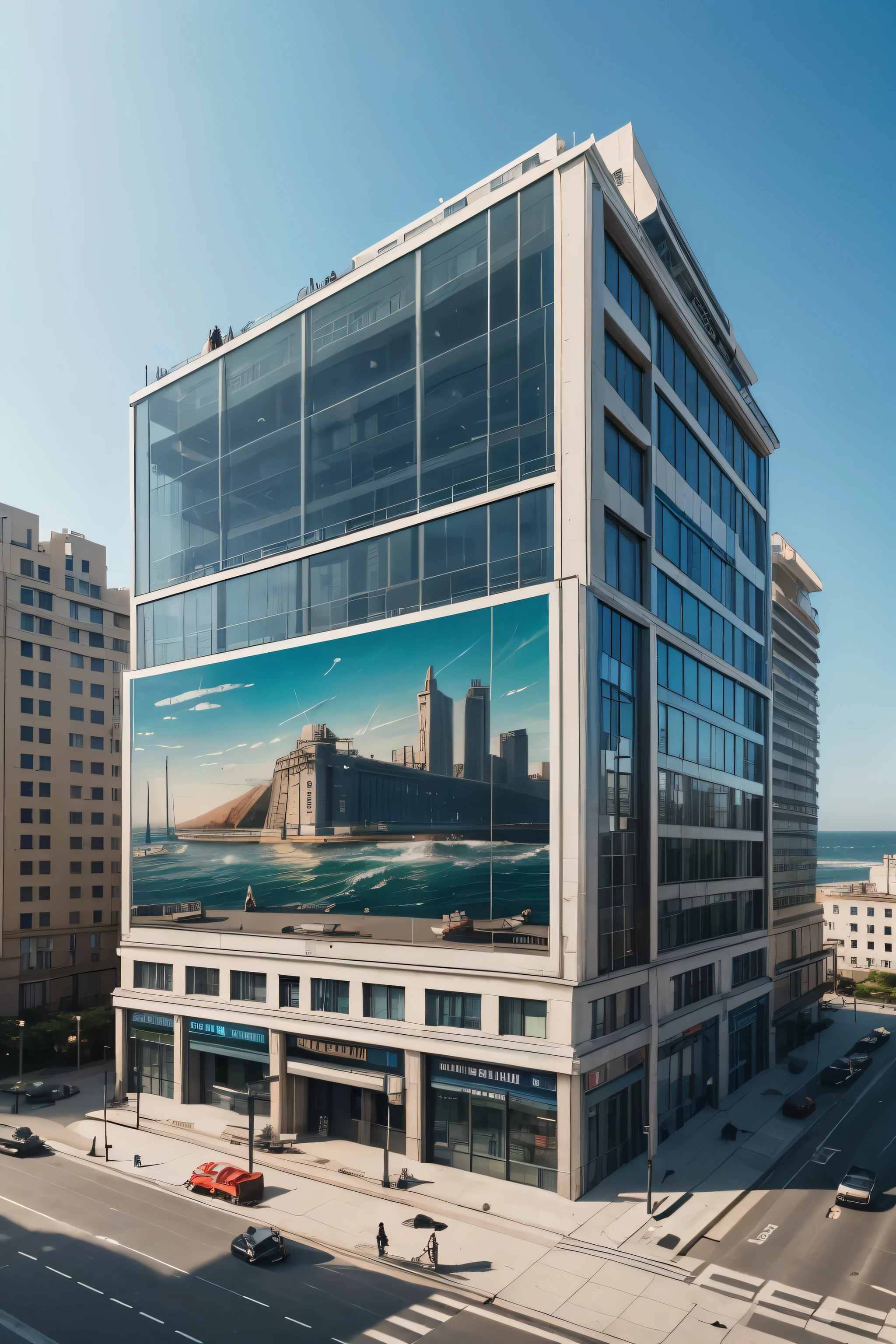 create a 20-story building add the sea in the background, Art Deco, Conceptual art, Constructivism, Action painting, En plein air, Art Deco, Conceptual art, Constructivism, Action painting, En plein air