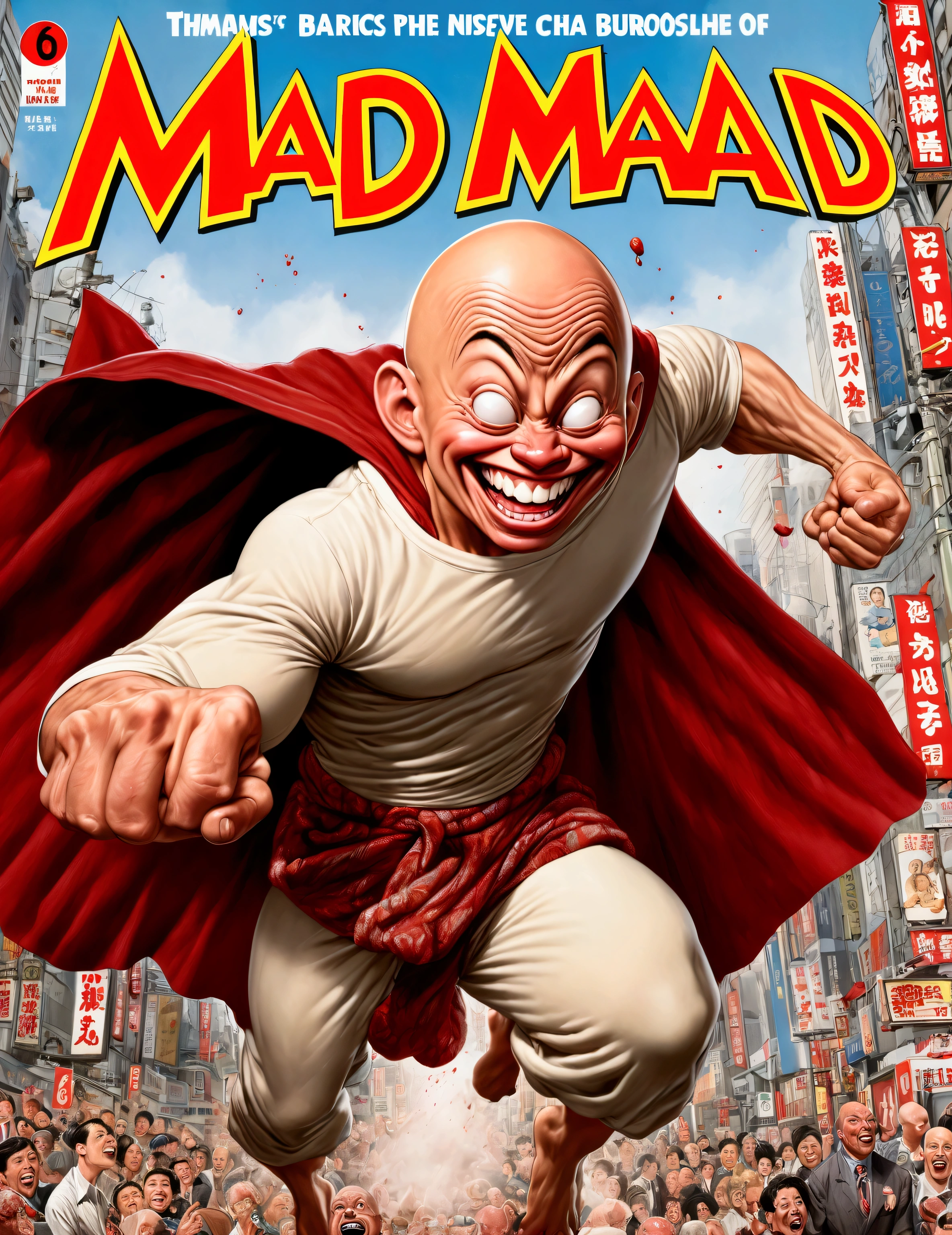 (Mad Magazine cover) (A muscular bald man with a wide grin, a classic Alfred E. Neuman face, classic Saitama pajama outfit with blanket cape) in a heroic one-punch pose, the bloody remains of a monster strewn across a panicked crowd in downtown Tokyo, dynamic action, cinematic lighting, digital painting, highly detailed, 8k, photorealistic, dynamic composition, dramatic atmosphere, striking colors, vibrant (title across the top MAD)
