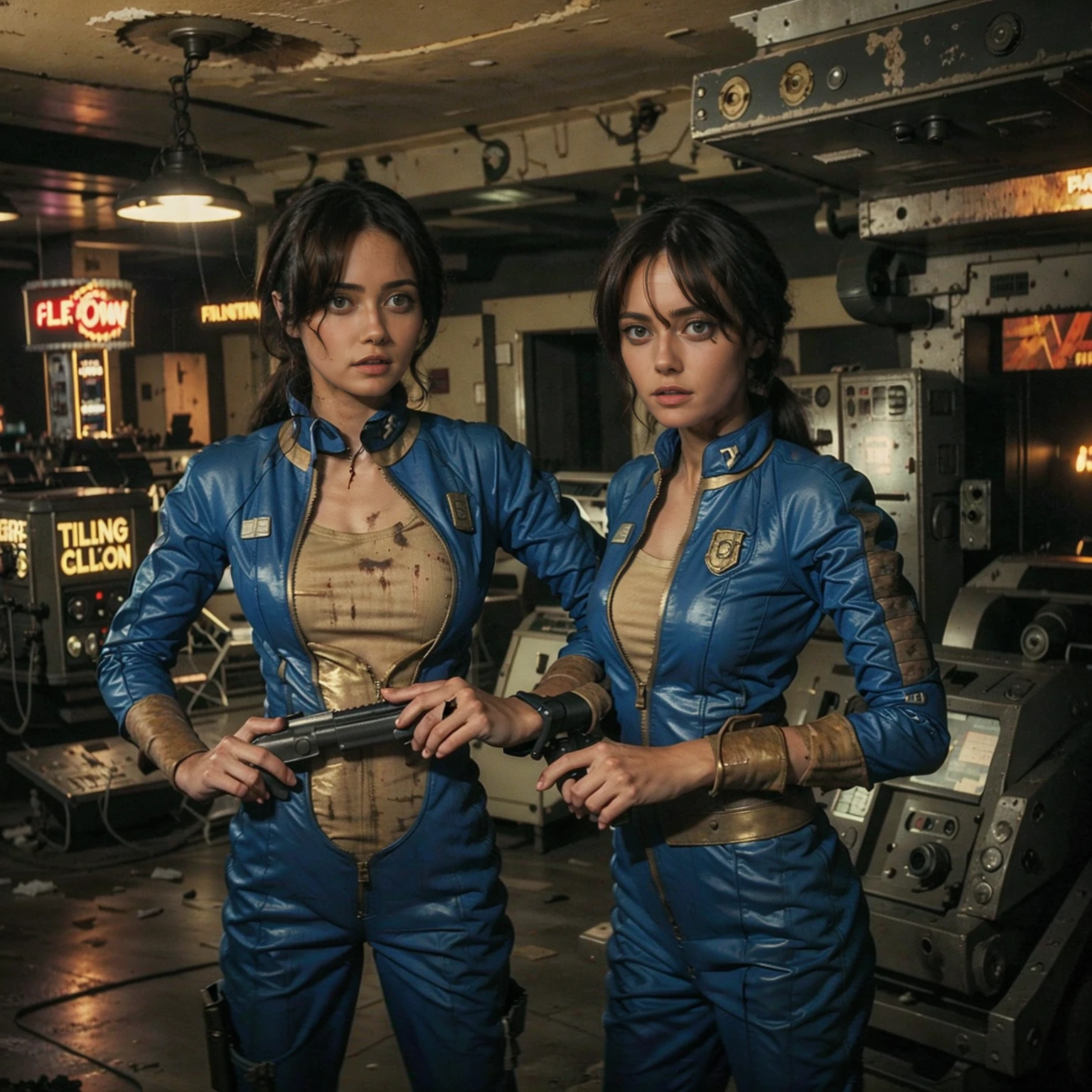 (One person). Fallout TV series. Inside a dimly lit large wreaked smoky room in a post-apocalyptic (casino) in Las Vegas. Vaultsuit Lucy, a 25 year-old vault dweller wearing a blue and gold vaultsuit unzipped top with bloodstains on the t-shirt underneath, her black hair disheveled, with a large ((gun)) in her hand, standing ready to defend herself.  Dark room with smoke and small fires in the rubble. Menacing shadows. Dramatic. Cinematic. realistic colors, realistic, photo-realistic. 