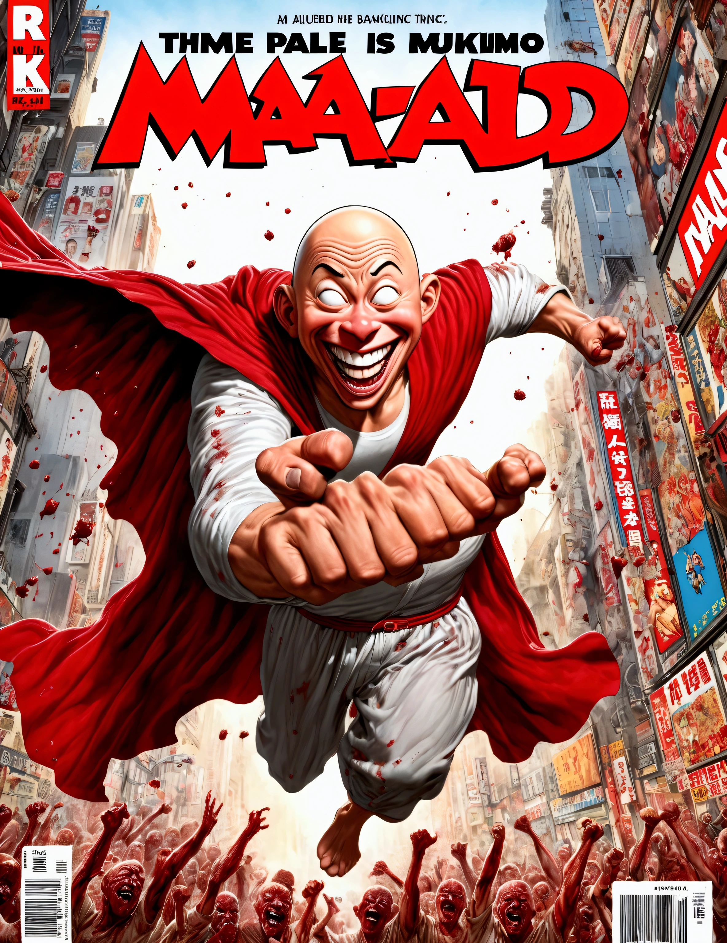 (Mad Magazine cover) (A muscular bald man with a wide grin, a classic Alfred E. Neuman face, classic Saitama pajama outfit with blanket cape) in a heroic one-punch pose, the bloody remains of a monster strewn across a panicked crowd in downtown Tokyo, dynamic action, cinematic lighting, digital painting, highly detailed, 8k, photorealistic, dynamic composition, dramatic atmosphere, striking colors, vibrant (title across the top MAD)