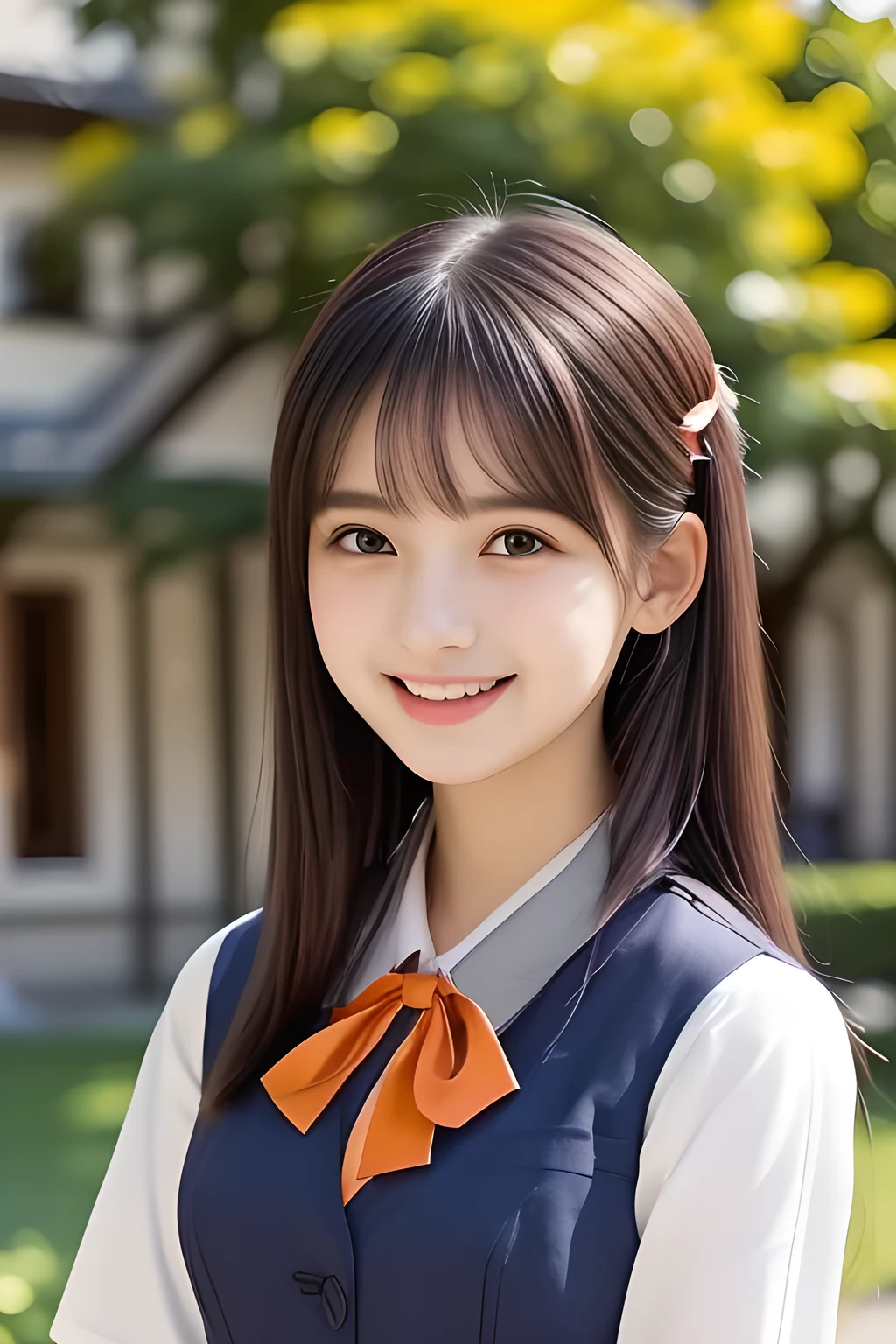 (highest quality, masterpiece, high resolution:1.2), 4K, (Photo quality detailed face: 1.2), (Giorgione painting style: 1.3), geometry, 14 yo beautiful girl, Laughing cutely, (neat girly white school blouse), (Red school ribbon on the breast), (Gray Japanese school girly vest Uniform), (Beautiful light-amber-orange cute girly eyes with detailed cutely: 1.2)