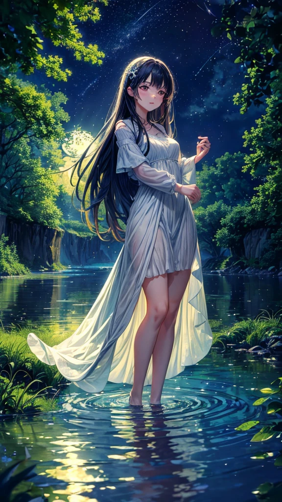 ，Masterpiece, Best quality，8K, 超高分辨率，In a peaceful valley，The blue sky covers the whole picture。The morning sun shines on the earth through the sparse foliage，Mottled light and shadow are formed。A young girl in a long white dress，Standing by the lake，Her long hair is flowing with the wind，A slight golden glow。She holds a blooming blue lotus flower in her hand，The dew on the blue flowers shimmers with a crystal sheen。The lake is as calm as a mirror，Reflects the silhouette of the girl，The whole scene exudes a peaceful and peaceful beauty。