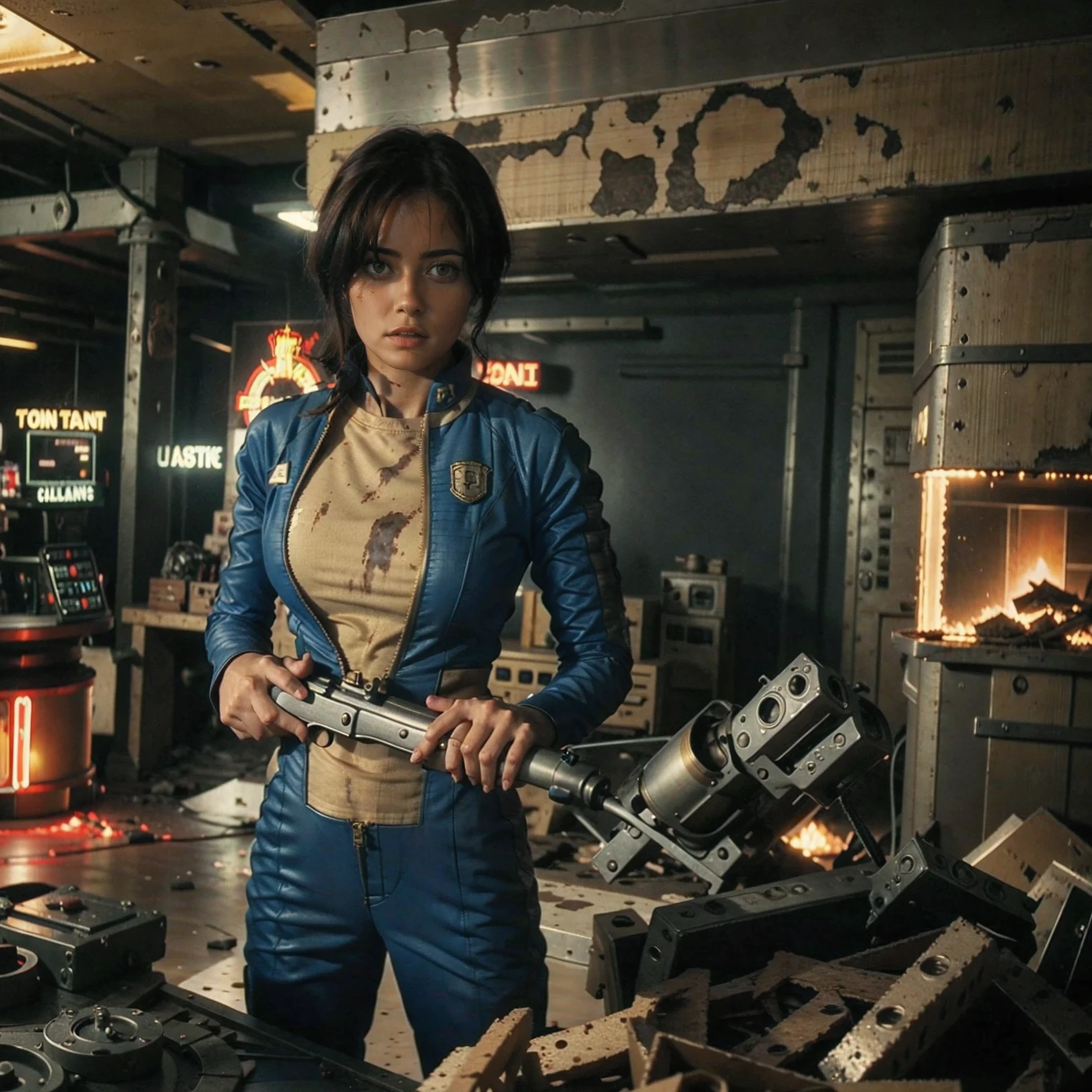 (One person). Fallout TV series. Inside a dimly lit large wreaked smoky room in a post-apocalyptic (casino) in Las Vegas. Vaultsuit Lucy, an 18-year-old vault dweller wearing a blue and gold vaultsuit unzipped top with bloodstains on the t-shirt underneath, her black hair disheveled, with a large ((gun)) in her hand, standing ready to defend herself.  Dark room with smoke and small fires in the rubble. Menacing shadows. Dramatic. Cinematic. realistic colors, realistic, photo-realistic. 