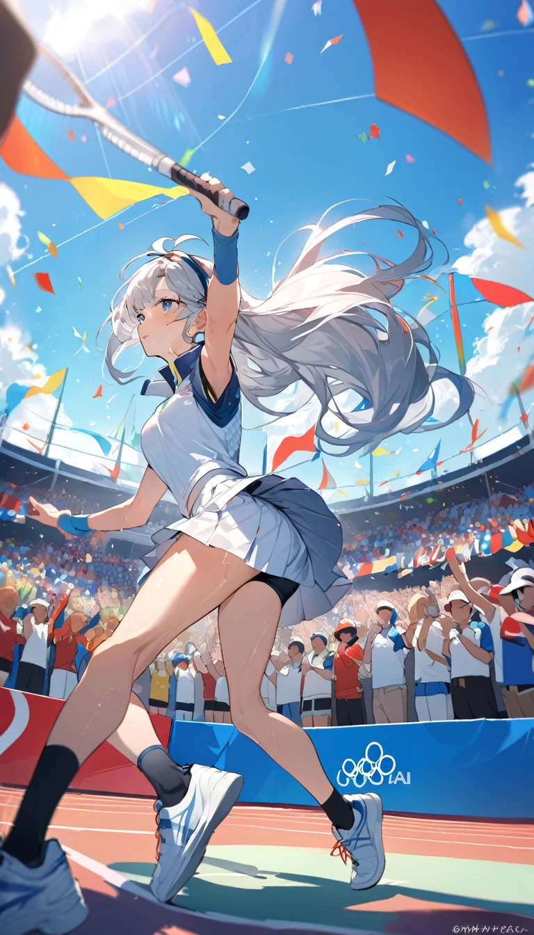 best quality, Good quality, 16K, Unbelievably ridiculous, Very detailed, 2.5D, Delicate and dynamic, Blue sky , tennis, tennis比赛,拿tennis拍,Tight sportswear,tennis拍击球,Sweat,Short skirt,Sexy的17岁女孩,挥动tennis拍,Olympic,Olympic Games uniforms,Big ,Sexy,tennis拍,Headband,Vision,whole body,crowd,A lot of people, Colorful contrails, Confetti, Olympic会旗, crowd, audience, A lot of people々, gentlemen.々Race, gentlemen.々age, men and women, gentlemen.々nationality, Many flags