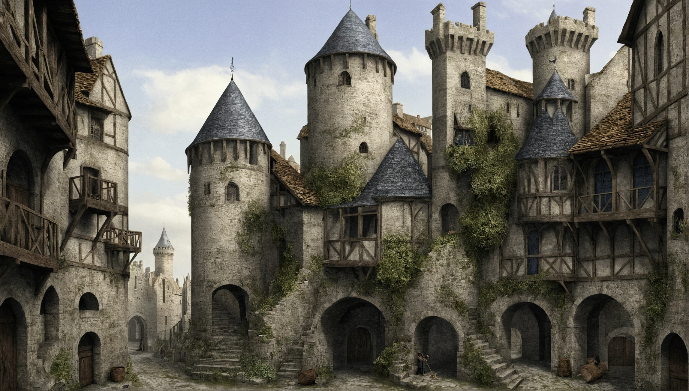 Créez des chefs-d'œuvre dystopiques,Représentez le paysage urbain medieval détruit dans un style artistique conceptuel de jeu réaliste.. L'œuvre d'art doit évoquer un sentiment de désolation et de désespoir medieval . Gardez un œil sur les subtilités des détails, netteté, et une description très détaillée de la ville en ruines. Inspirez-vous des styles artistiques de Alan Lee, Jef Murray. Livrez cette image au format d'affichage vidéo, Montrez la sombre beauté de ce monde en décomposition.