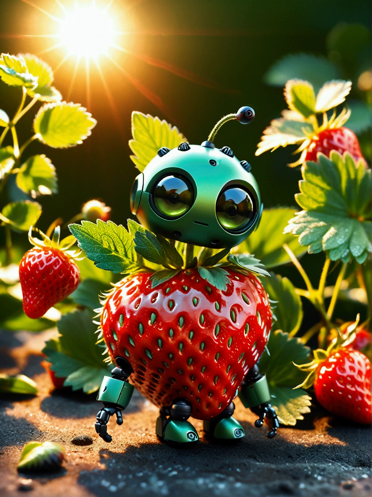 Visualize a tiny robot exhibiting the characteristics of a strawberry. It features shades of rich, intense red and is equipped with minuscule seed-like sensors. The robot's body is shaped to mimic a plump, succulent strawberry, having a round and gently heart-shaped structure. The limbs of the robot are rounded at the ends and flexible, intending to look like the green foliage and stem that accompany a strawberry. It possesses 'eyes' that glow with a gentle, warm light that mirrors the colours of a setting sun radiating off a fresh strawberry. Its function is aligned with the purpose of triggering happiness, akin to the delightful flavor of the fruit it represents. This image should not contain any forms of text.