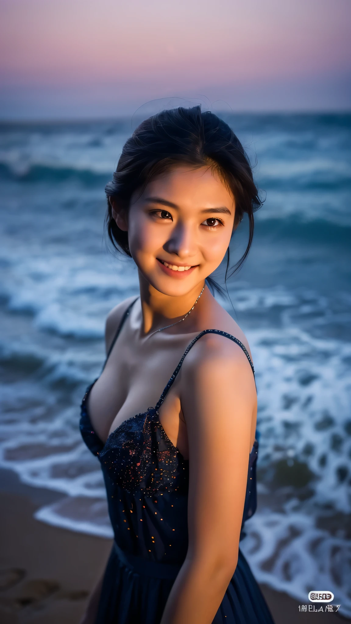 1girl, 20 years old, Smiling Kindly、((leica 50 mm prime lens, cinestill 800T film))、((cinematic lighting))、(Cleavage)、one piece、(((Beautiful starry sky on the beach at night)))、((Very dim lighting))、((Don't expose your face to the light))、((Long-distance shot))、(High quality indistinguishable from live-action)、RAW Photos、Genuine、live-action、(Artistic Expression)、High resolution、masterpiece