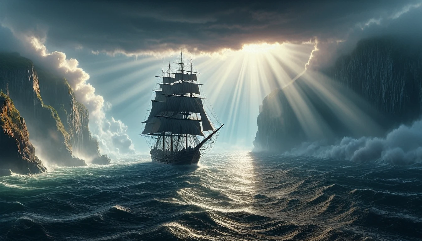 a privateer ship in the 1700s, coming around the headland, dramatic lighting, cinematic composition, epic scale, realistic, photorealistic, best quality, 8k, masterpiece, ultra-detailed, vivid colors, dramatic lighting, volumetric fog, detailed textures, intricate details, god rays,