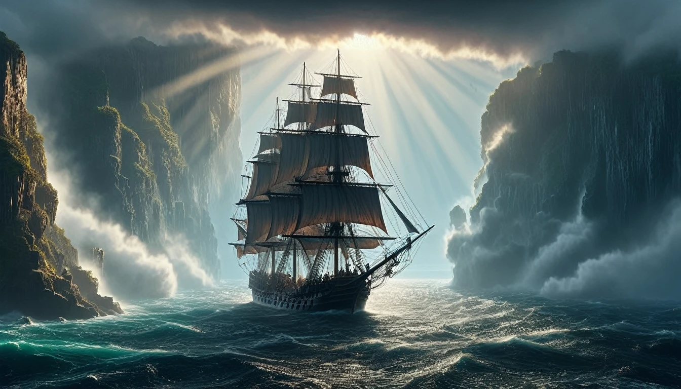 a privateer ship in the 1700s, coming around the headland, dramatic lighting, cinematic composition, epic scale, realistic, photorealistic, best quality, 8k, masterpiece, ultra-detailed, vivid colors, dramatic lighting, volumetric fog, detailed textures, intricate details, god rays,