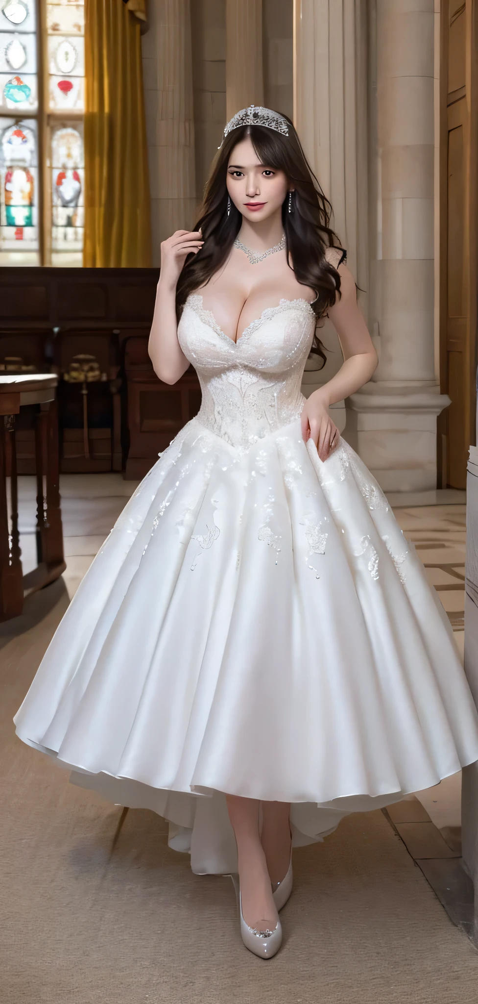 ((RAW images)),(Tabletop),(Highest quality, Realistic, In detail, High resolution, 8k wallpaper),(Super Detail),((Very delicate and beautiful)),Focus on the characters,Dynamic Angle,View your viewers,((alone)),Are standing,((whole body)),((A princess wearing a gorgeous ball gown wedding dress with a voluminous skirt)),((June Bride)),Detailed face and eyes,Jewel-like eyes,((Very long and voluminous hair)),Gorgeous embroidery and lace,((Gorgeous corsage)),See through,(Gorgeous Jewelry Ornaments),Luxury hair accessories,Gorgeous jeweled tiara,Gorgeous frills,((Big Tits)),indoor,Church wedding,((whole body)),Hoop skirt,crinoline,very long wedding veil,(((A mix of bejeweled wedding dresses and lavishly embroidered Rococo ball gowns))), (((Very large breasts bigger than a face)))