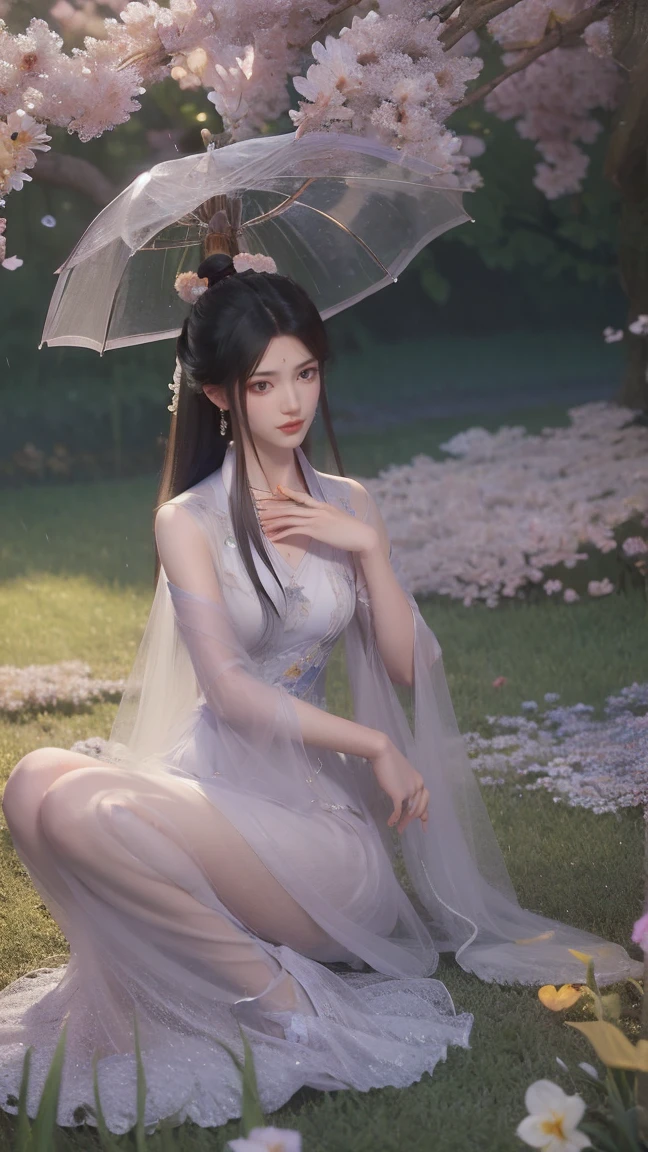 see through、Ren Hao、Show your shoulders、One hand resting on his lips、There are white butterfly orchids around the hair，Lilac dendrobium、orange lily、blue Lily、1 girl in、Full body image、black hair、Floating hair、Hazy Beauty、Skin-revealing corset dress，Extremely beautiful facial features、Hairpin on head、Lying in the flowers、Drag your chin with both hands、Perfect hands、rosette、(spring、Rainy Day、Butterfly、cliff)、 vector art、Chinese Contemporary Art、Soft Light、intertwined scarves、look down