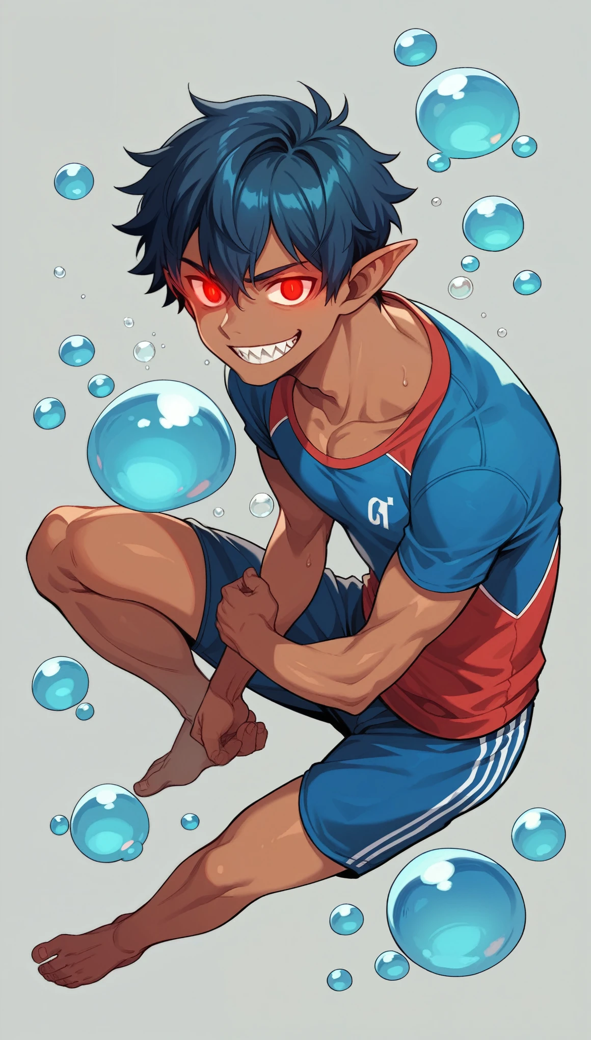 Handsome man,Slim body,Dynamic posture,Pointed ears, Solitary, Sportswear,barefoot,Glowing eyes, short hair, Red Eyes, Smile, Tanned skin,sharp teeth, Blue black hair,Deep sea background,bubble,Water Flow