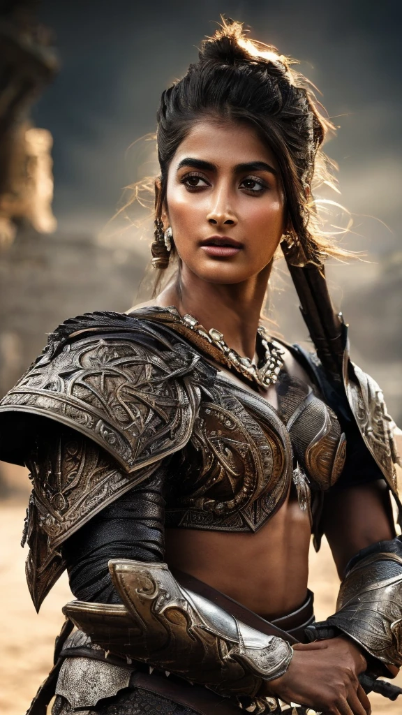 "erotic high quality close-up  photograph of Pooja Hegde  a powerful warrior woman, dark and atmospheric setting, confrontational and strong pose, looking at viewer, minimal striking armor, dark metallic, angular shoulder armor, chest plate, ornate belt, minimal cloth, intricate forearm and leg guards, muscular physique, dark skin, practical hairstyle, holding a close-combat staff, dark background, sandy ground, dramatic high-contrast lighting, detailed armor, shadows enhancing form, realistic with fantasy style"(detail) photo prise par Canon EOS R5, Objectif 50mm, f/2.8, Hdr,  (movie lighting) (dramatic lighting) (mise au point nette) (complexe)
