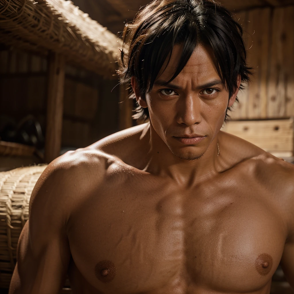 Raw, 1 male, A highly detailed, portrait of Monkey D. Luffy from the One Piece anime series, with incredibly detailed face and features, sharp focus, studio lighting, intricate details, vibrant colors, dynamic pose, character in action, cinematic lighting, dramatic atmosphere, full body