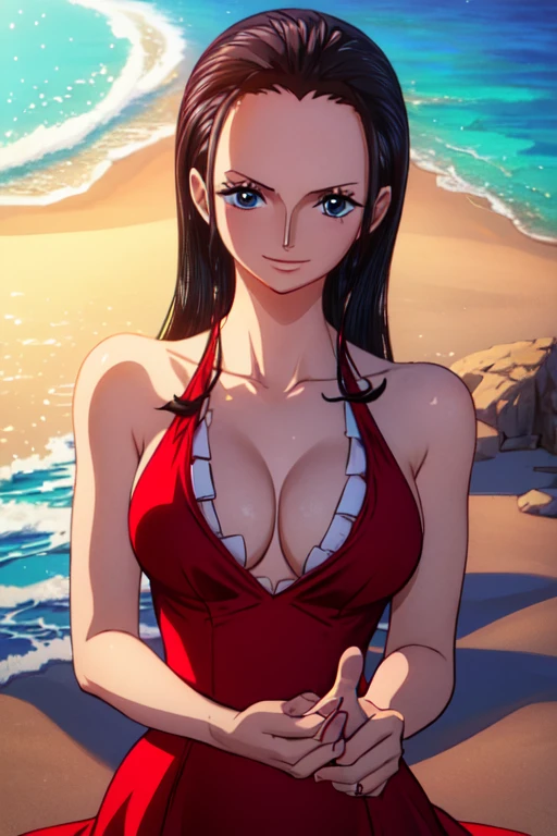 source_anime,score_9,score_8_up, score_7_up, 1boy,solo,outdoors,one piece, boa hancock, couch, indoors, seductive, face closeup, ((closed mouth)), smirk, thighs, long shot, balcony, mountain background, fancy, white couch, laying, leaning, fronr view, red underwear, rob, genderbend, genderswap, ftm, ftm genderswap