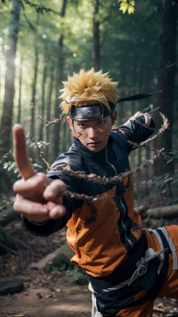 ((masterpiece,best quality)), Create an image of Naruto Uzumaki in a dynamic action pose, set in a lush forest. Naruto should be wearing his iconic orange and blue outfit, with a determined expression on his face. Capture the essence of his ninja abilities, with leaves and branches swirling around him as if moved by his movements. The background should depict a dense forest with sunlight filtering through the trees, detailed face, detailed eye, detailed finggers, detailed hand, relistic, cinematic, 4k