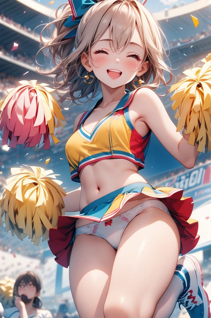 A beautiful 20 year old girl, anime girl, cheerleader, yellow pom poms, (cheerleaders:1.5), (pompoms:0.8), I'm rooting for you, jumpping, cheer jumps, girly pose, dynamic motion, dynamic moves, football stadium, football field, burst of confetti, cheering crowd, cheerleader costume, (mini skirt), skirt lift, happy atmosphere, vibrant colors, white sneakers, white short socks, flowers panties, (white panties:1.4), dark brown hair, bangs, ponytail, wavy hair, expressive hair, shiny hair, hair ornament, hair bow, one eye closed, aqua eyes, glowing eyes, earrings, open mouth, smile, blush, bright pupils, seductive smile, happy, red lips, tongue, upper teeth, big round breasts, slim waist, navel, defined body, full body, slim legs, defined thighs, anime, image fill, border, first-person view, pov, three-quarter front angle, perspective, Wide-Angle, macro photo, f/1.8, 85mm, Sony FE GM, 8k, super detail, UHD, retina, masterpiece, accurate, anatomically correct, best quality, highres