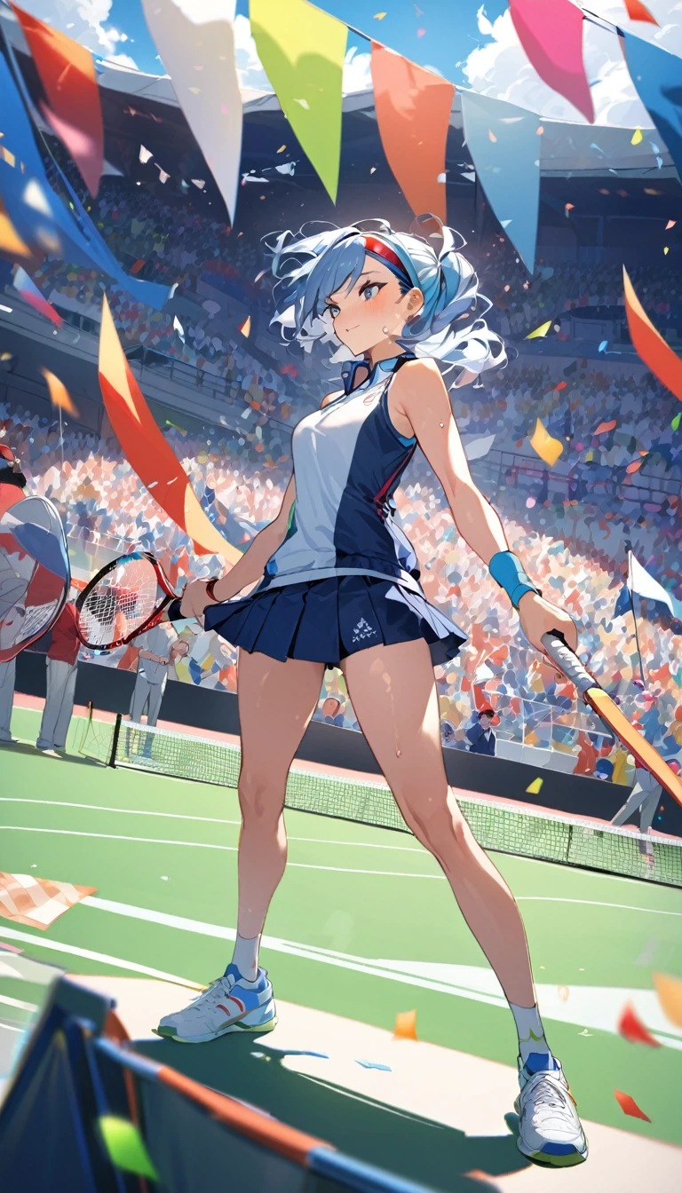 best quality, Good quality, 16K, Unbelievably ridiculous, Very detailed, 2.5D, Delicate and dynamic, Blue sky , tennis,  tennis比赛，拿tennis拍，Tight sportswear，tennis拍击球，Sweat，Short skirt，Sexy的17岁女孩，挥动tennis拍，Olympic，Olympic Games uniforms，Big ，Sexy，tennis拍，Headband，Vision，whole body，crowd，A lot of people, Colorful contrails, Confetti, Olympic会旗, crowd, audience, A lot of people々, gentlemen.々Race, gentlemen.々age, men and women, gentlemen.々nationality, Many flags