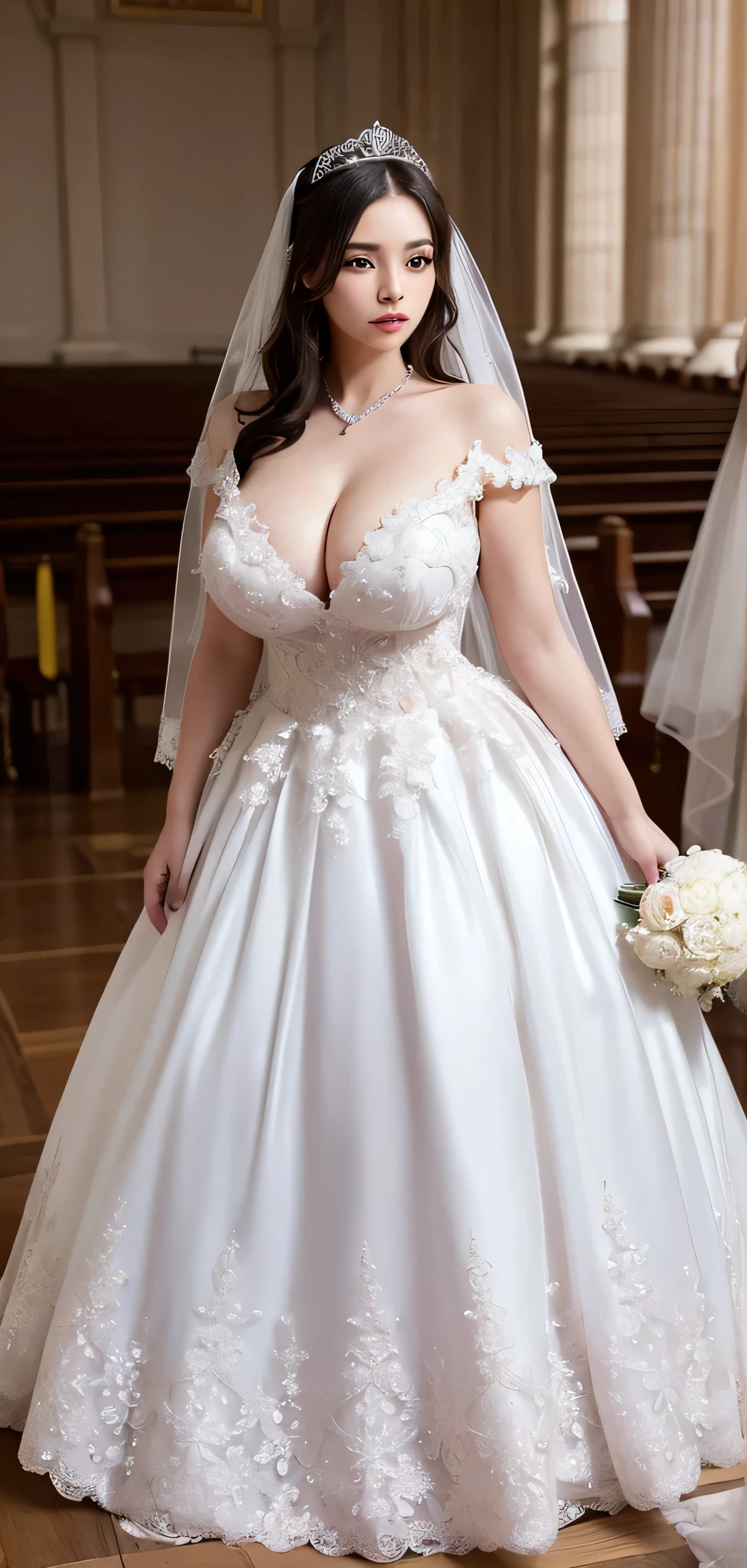 ((RAW images)),(Tabletop),(Highest quality, Realistic, In detail, High resolution, 8k wallpaper),(Super Detail),((Very delicate and beautiful)),Focus on the characters,Dynamic Angle,View your viewers,((alone)),Are standing,((whole body)),((A princess wearing a gorgeous ball gown wedding dress with a voluminous skirt)),((June Bride)),Detailed face and eyes,Jewel-like eyes,((Very long and voluminous hair)),Gorgeous embroidery and lace,((Gorgeous corsage)),See through,(Gorgeous Jewelry Ornaments),Luxury hair accessories,Gorgeous jeweled tiara,Gorgeous frills,((Big Tits)),indoor,Church wedding,((whole body)),Hoop skirt,crinoline,very long wedding veil,(((A mix of bejeweled wedding dresses and lavishly embroidered Rococo ball gowns))), (((Very large breasts bigger than a face)))