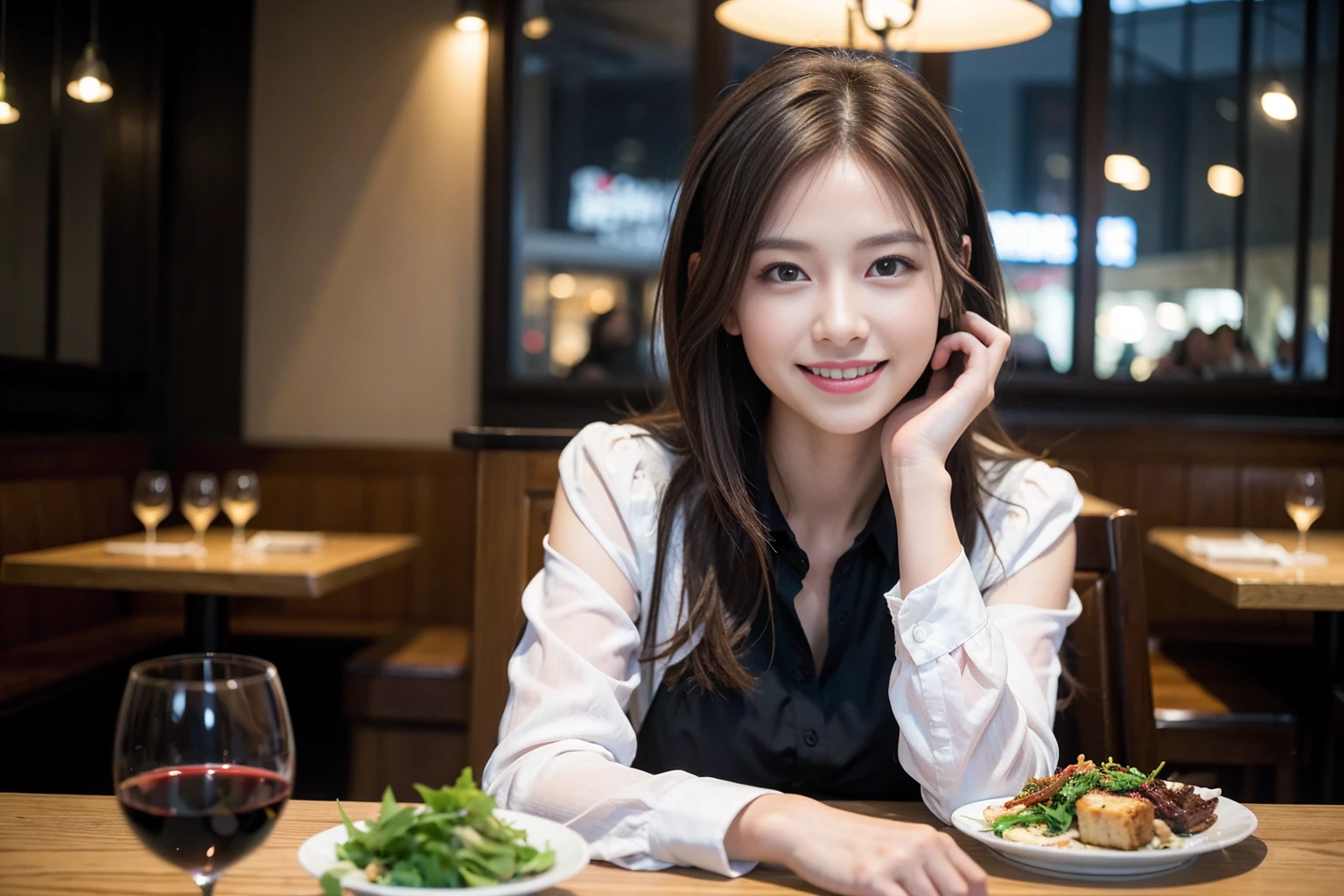 ((Highest quality、8k、masterpiece:1.3))、slimカップル、modelカップル、(Realistic, Intricate details:1.2), full-course dinner、wine 、Amazing view of the sunset sky and clouds、A bright smile、The wonderfulness of smile、Bright image、wineの美しさ, Beautiful Face, blue eyes, The light shines on your face, blush, short hair,Bright Face、 (Age 45), 48 years old, 赤wine 、Appetizers、Italian food、wine bottle、Champagne、スパークリングwine、Two beauties、Brown Hair、Shortcuts、Long sleeve shirt、dress、Beautiful woman 1, (slimな顔), (The body is slim), (Brown Hair), (Shortcuts), cheeks turn a little red,Attractive beauty、restaurant, In a prominent place (From the waist up) Nova Frog Style, actress, model, Upper Body, 白wine, slim, wineグラス, 中央に置かれたwineグラス, smile, (smile: 1.15), Beautiful fine grain, Depth f/2,saturation, High Contrast, Strong light and shadow,Moist Body:1.5、3D texture、Delicate eyes、Brown Hair、The hair is very shiny、