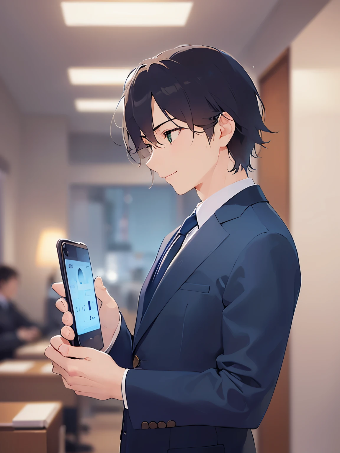 side angle, (looking away:1.5), holding a phone, shiny skin, masterpiece、Highest quality、(25-year-old male:1.5) and (Brown short hair) and (Green Eyes), BREAK (Wearing a navy blue suit:1.3) and (Blue tie) BREAK、Are standing、smile、Background is an office room、(Alone:1.5)、Upper body is shown、