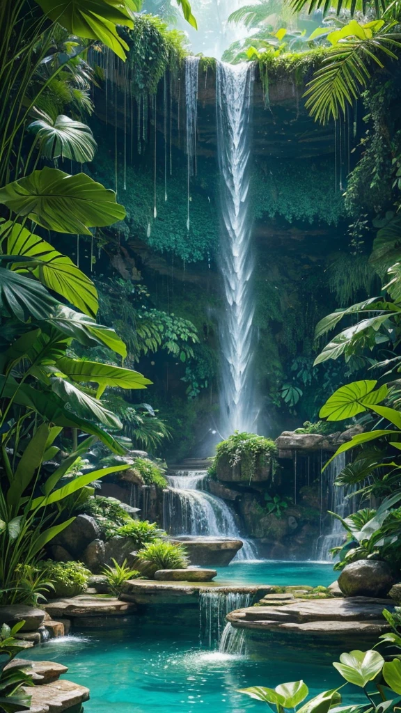 "A cascading waterfall flowing into a crystal-clear pool surrounded by plants with luminous, neon-green foliage, while tiny, magical creatures dart among the leaves