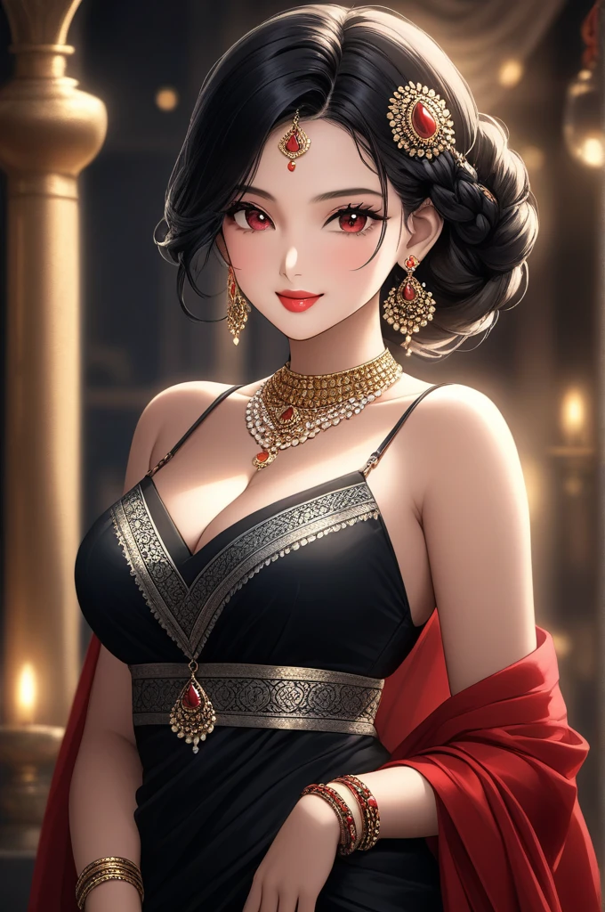 a beautiful young woman , 1girl, hourglass figure, seductive pose, printed design black saree, silky black hair braid, heavy silver jhumka earrings, necklace, anklet, cleavage, detailed face with stunning red eyes, full lips, flawless makeup, dark cinematic lighting, dramatic photorealistic effect, masterpiece-level 8k rendering, ultra-detailed, realistic, photo-realistic, hdr, uhd, studio lighting, ultra-fine painting, sharp focus, physically-based rendering, extreme detail description, professional, vivid colors, bokeh, smiling, full body view, bangles,hair accessories