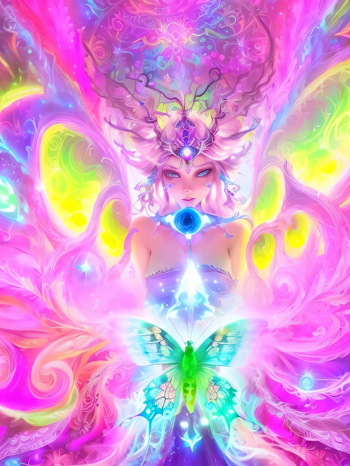 Close up of a butterfly with blue eyes in the middle of a colorful background, glowing third eye, digital Fantasy Art, Fantasy Art style, Direct the energy of the third eye, Psychedelic organic shaman, Fantasy Art, Open the third eye, Psychedelic digital art, The mysterious third eye, Psychedelic shaman, Psychedelic trip, Psychedelic, Psychedelic visuals, Fantasy painting, Aura of power. detailed