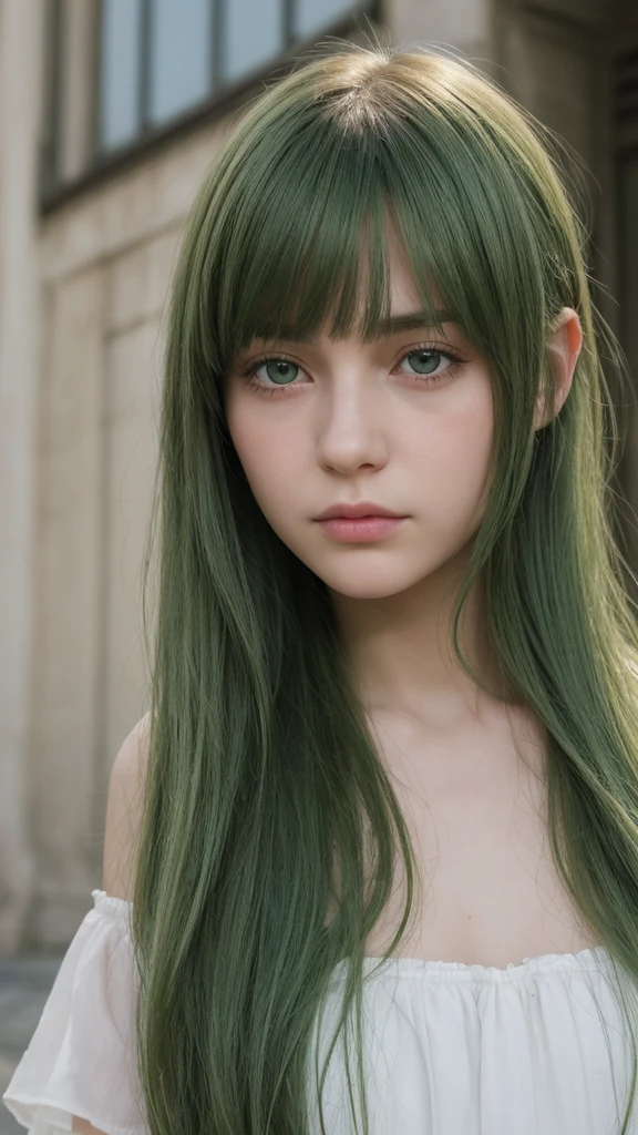 a girl. Europe. Extremely detailed face. Oval face. delicate facial features. half-closed eyes. long straight hair. bangs. green hair. green eyes. afraid. Sad. shy. straight face