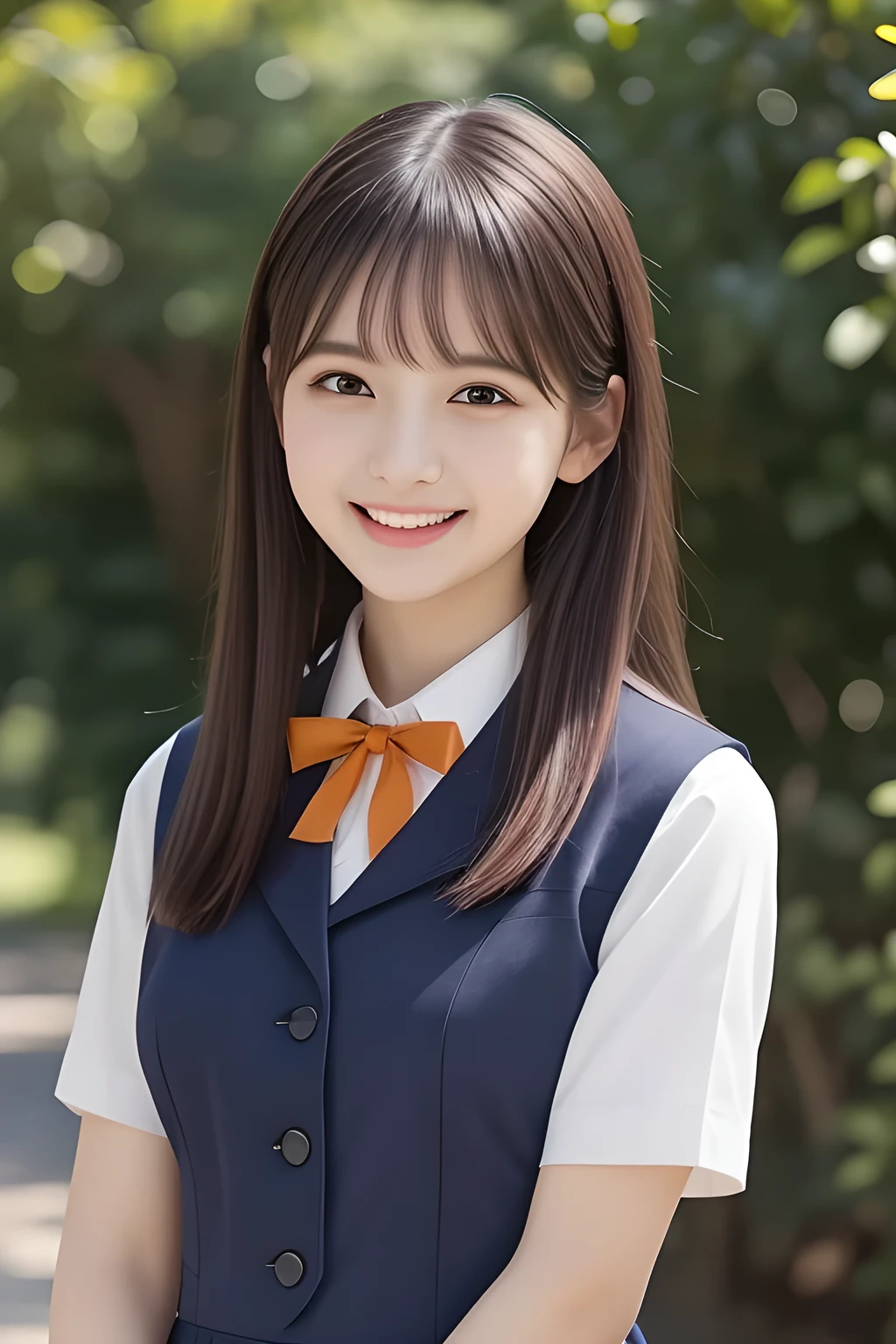 (highest quality, masterpiece, high resolution:1.2), 4K, (Photo quality detailed face: 1.2), (Giorgione painting style: 1.3), geometry, 14 yo beautiful girl, Laughing cutely, (neat girly white school blouse), (Red school ribbon on the breast), (Gray Japanese school girly vest Uniform), (Beautiful light-amber-orange cute girly eyes with detailed cutely: 1.2), (Expressing the greatest joy with her whole body: 1.2)