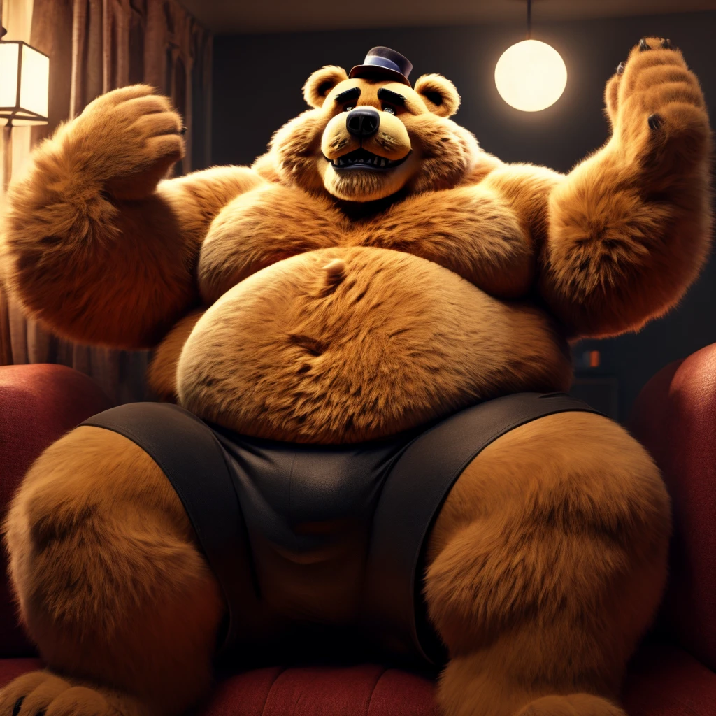 Fat Huge Daddy Furry Nightmare Fredbear Bigger belly and large chunky body and Belly wearing Black Shorts and sitting on the sofa Waiting for a Hug and hes flying 