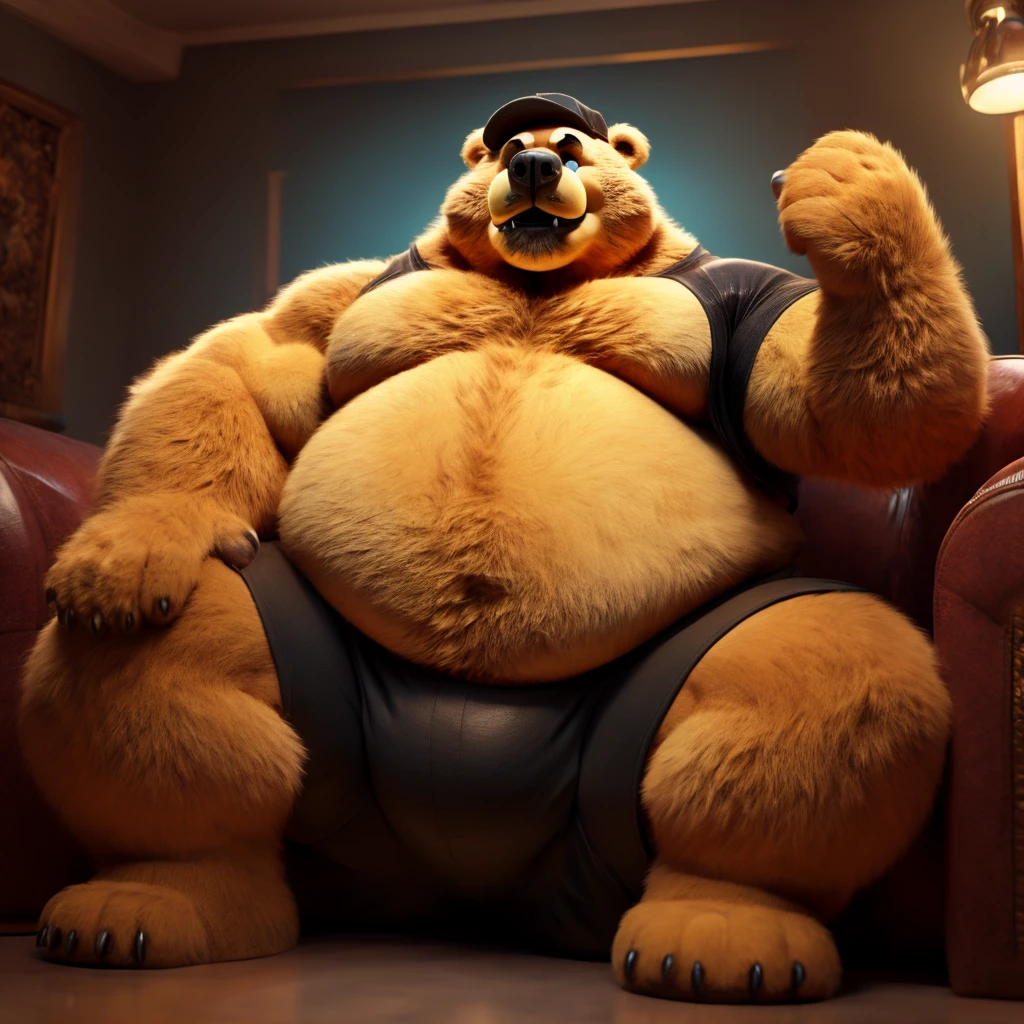 Fat Huge Daddy Furry Nightmare Fredbear Bigger belly and large chunky body and Belly wearing Black Shorts and sitting on the sofa Waiting for a Hug and hes flying 