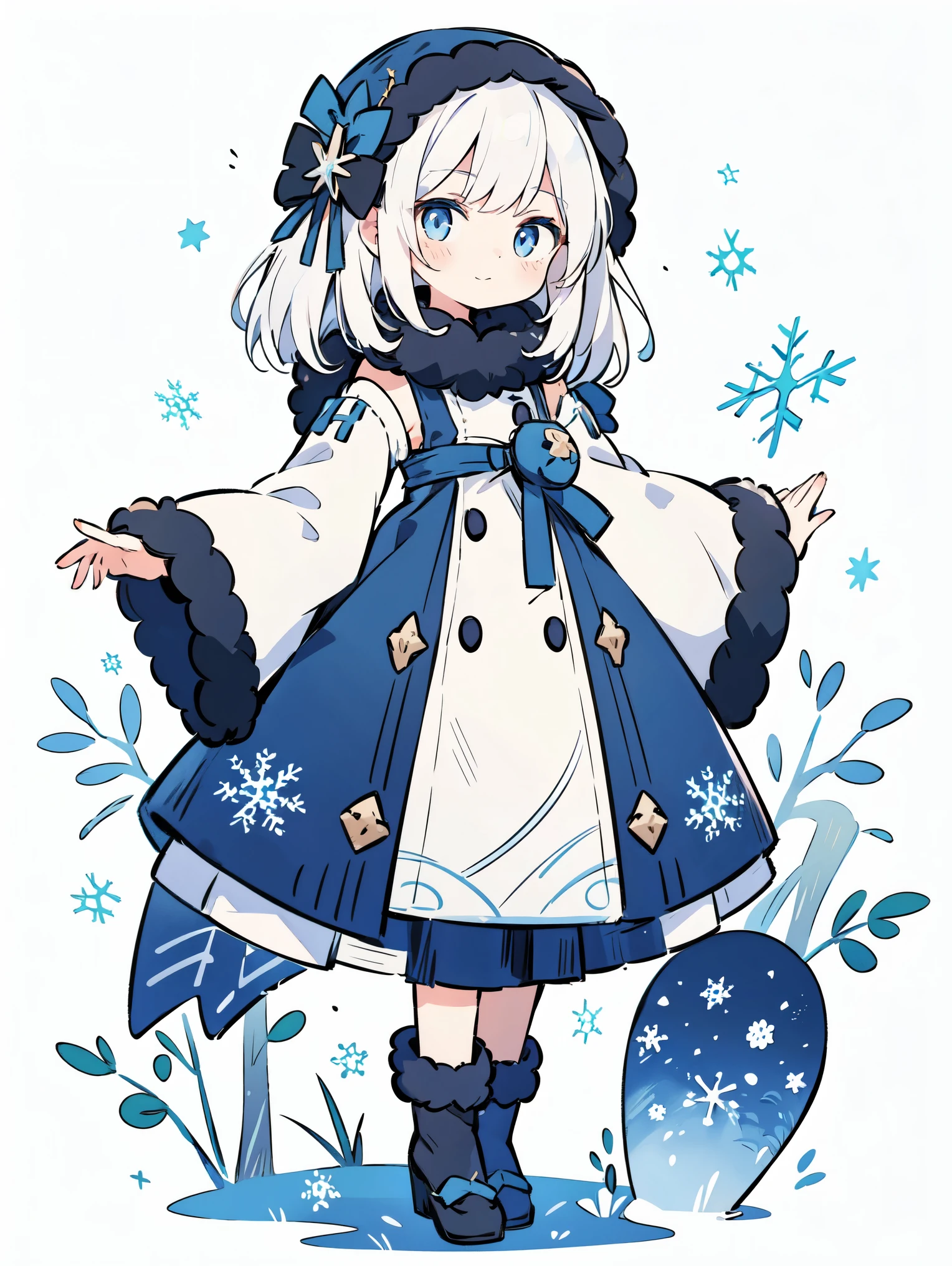 1eldritch girl, Solitary, (White hair, Deep blue eyes:1.2), A faint smile, Fur trim winter dress coat, Fur trimmed sleeves, Long sleeve, Fantasia Winter Background, snowflake, Lovely, Too simple, flat design, Japanese cartoons