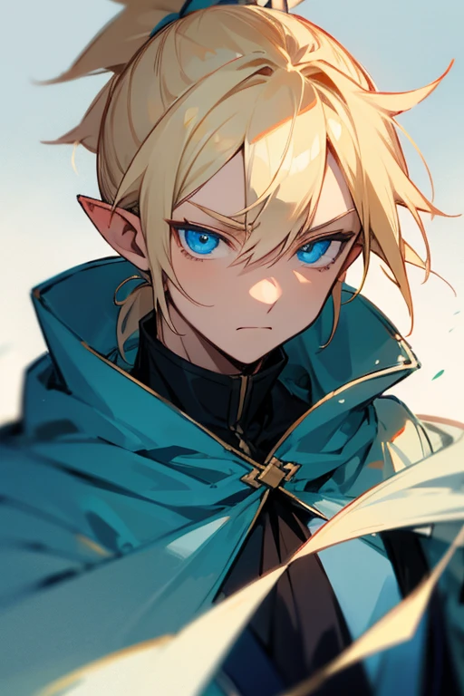 individual, ponytail, pointy-eared, blond, blue eyes, Seven-doppelganger shot, Hood down, anime style, male