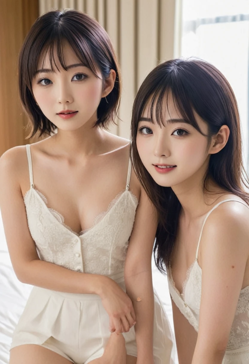 (Best-quality, Masterpiece, Ultra-High-Resolution, (Photorealistic:1.4), Raw-Photo), (((1girl and 1woman, all lesbian-couple, at luxury-hotel-room, making love))), (1girl, 15-years-old, the most famous Japanese idol, extremely cute face like the most popular Japanese idol, extremely beautiful short-cut-haired, skinny-body, short-body, exciting), (1woman, 25-years-old, the most famous Japanese actress, extremely beautiful face like the most popular Japanese actress, extremely beautiful long-haired, perfect-proportion, have amazingly orgasm), all extremely beautiful big-black-eyes, all extremely beautiful skins, all extremely realistic skins, theyre having sex right now