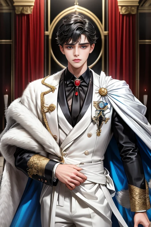 masterpiece, 最high quality, high quality, 1 boy, alone, Male focus, Watching the audience, Messy black hair, Adorable big blue eyes, White, Noble, Noble,A sexy, voluminous, puffy cape、tuxedo、A very voluminous, large, very large, very large, long, long red and black cape with a high stand-up collar, made of a lot of fabric that reaches down to the floor., 17 years old,Cute beautiful boys,Cute, cute, kind, handsome guy