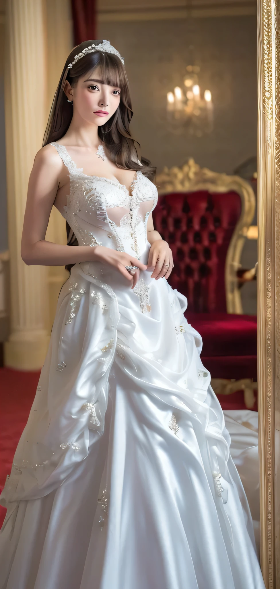 ((RAW images)),(Tabletop),(Highest quality, Realistic, In detail, High resolution, 8k wallpaper),(Super Detail),((Very delicate and beautiful)),Focus on the characters,Dynamic Angle,View your viewers,((alone)),Are standing,((whole body)),((A princess wearing a gorgeous ball gown wedding dress with a voluminous skirt)),((June Bride)),Detailed face and eyes,Jewel-like eyes,((Very long and voluminous hair)),Gorgeous embroidery and lace,((Gorgeous corsage)),See through,(Gorgeous Jewelry Ornaments),Luxury hair accessories,Gorgeous jeweled tiara,Gorgeous frills,((Big Tits)),indoor,Church wedding,((whole body)),Hoop skirt,crinoline,very long wedding veil,(((A mix of bejeweled wedding dresses and lavishly embroidered Rococo ball gowns))), (((Very large breasts bigger than a face)))