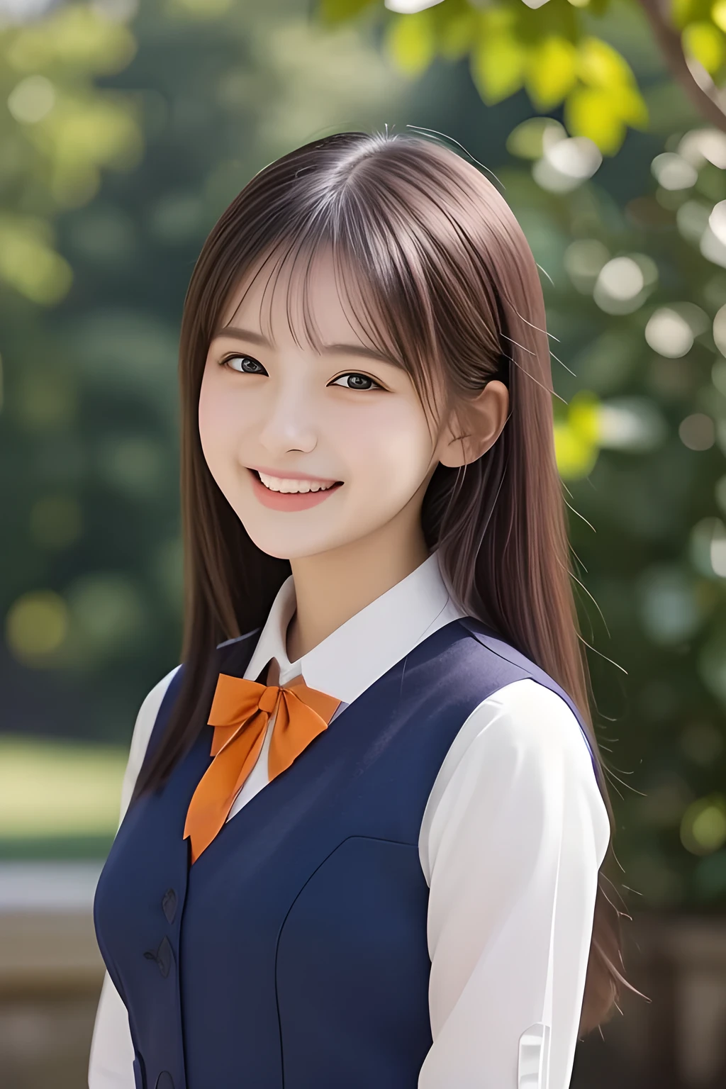 (highest quality, masterpiece, high resolution:1.2), 4K, (Photo quality detailed face: 1.2), (Giorgione painting style: 1.4), geometry, 14 yo beautiful girl, Laughing cutely, (neat girly white school blouse), (Red school ribbon on the breast), (Gray Japanese school girly vest Uniform), (Beautiful light-amber-orange cute girly eyes with detailed cutely: 1.2), (Expressing the greatest joy with her whole body: 1.2)