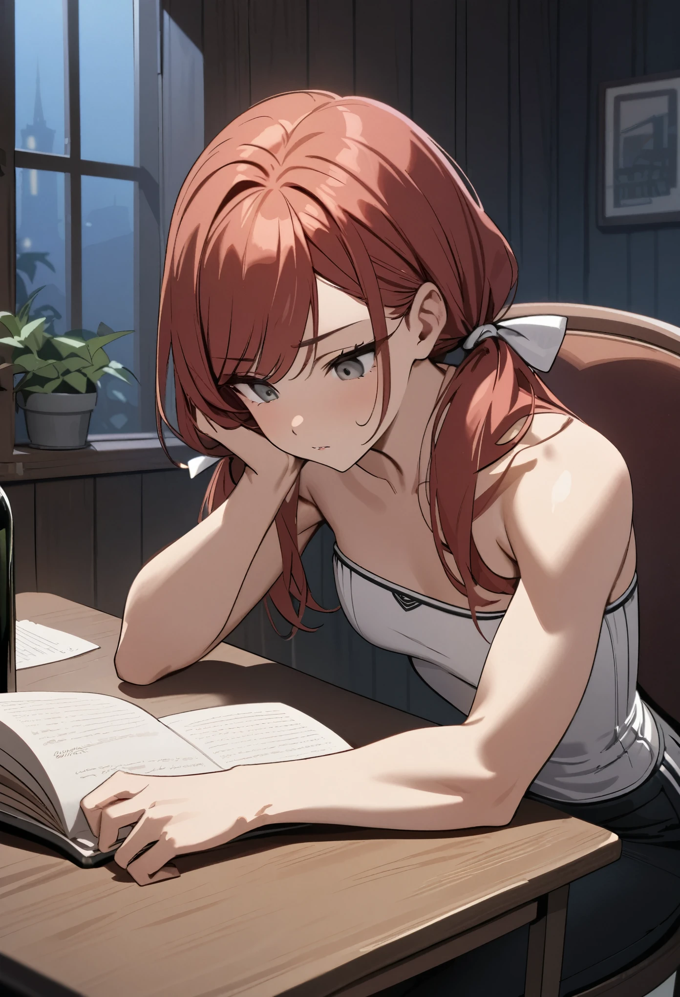 (masterpiece, best quality), stoic, girl leaning forward in chair, hand on own face, looking down at book, biceps, book, beautiful face, upper body, close up, Gray eyes, red hair, swept bangs, low twin tails, white ribbons, gray strapless shirt with white trim, black jeans, small breasts, toned arms, night, wine bottle, drinking from glass, sitting on chair in front of desk, wooden walls, lone window, table with cloth, potted plants,