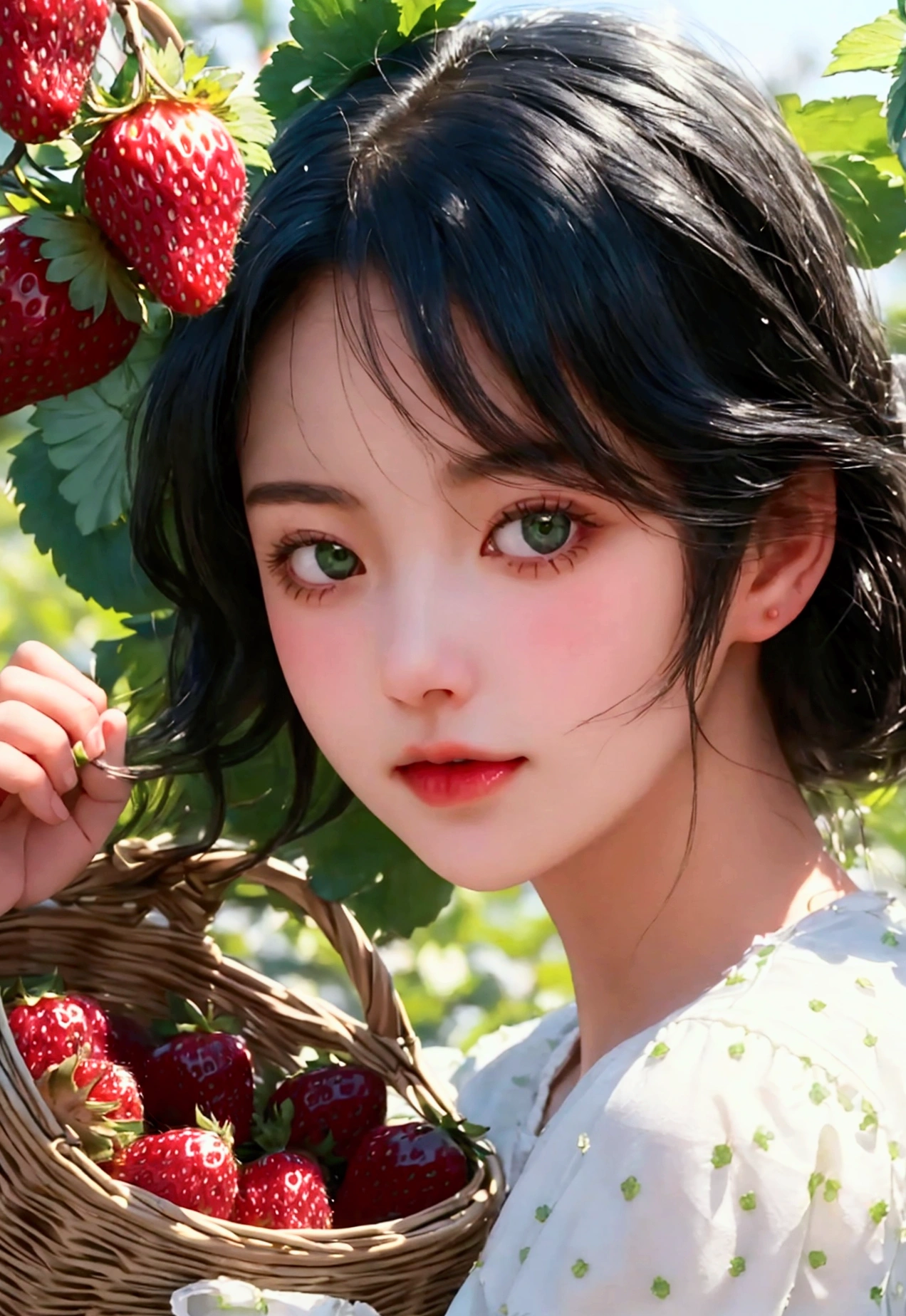 1 cute girl, Jet black hair and green eyes_delicate details, clear and clean skin, shining, The fruit basket is full of delicious strawberries.. The girl trips and drops the strawberry on the ground and looks embarrassed.. (full body shot) At a strawberry farming farm soaked in warm sunlight, (Magnificent and realistic), surreal, Best quality with high resolution,