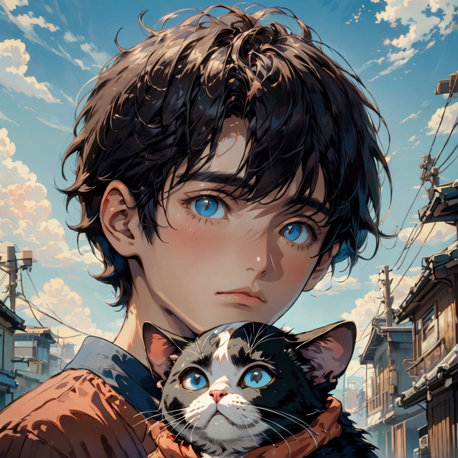 a boy, black hair, big brown eyes, blue sky background, a cat in arms, Osamu Tezuka, high resolution, the best quality, 8k