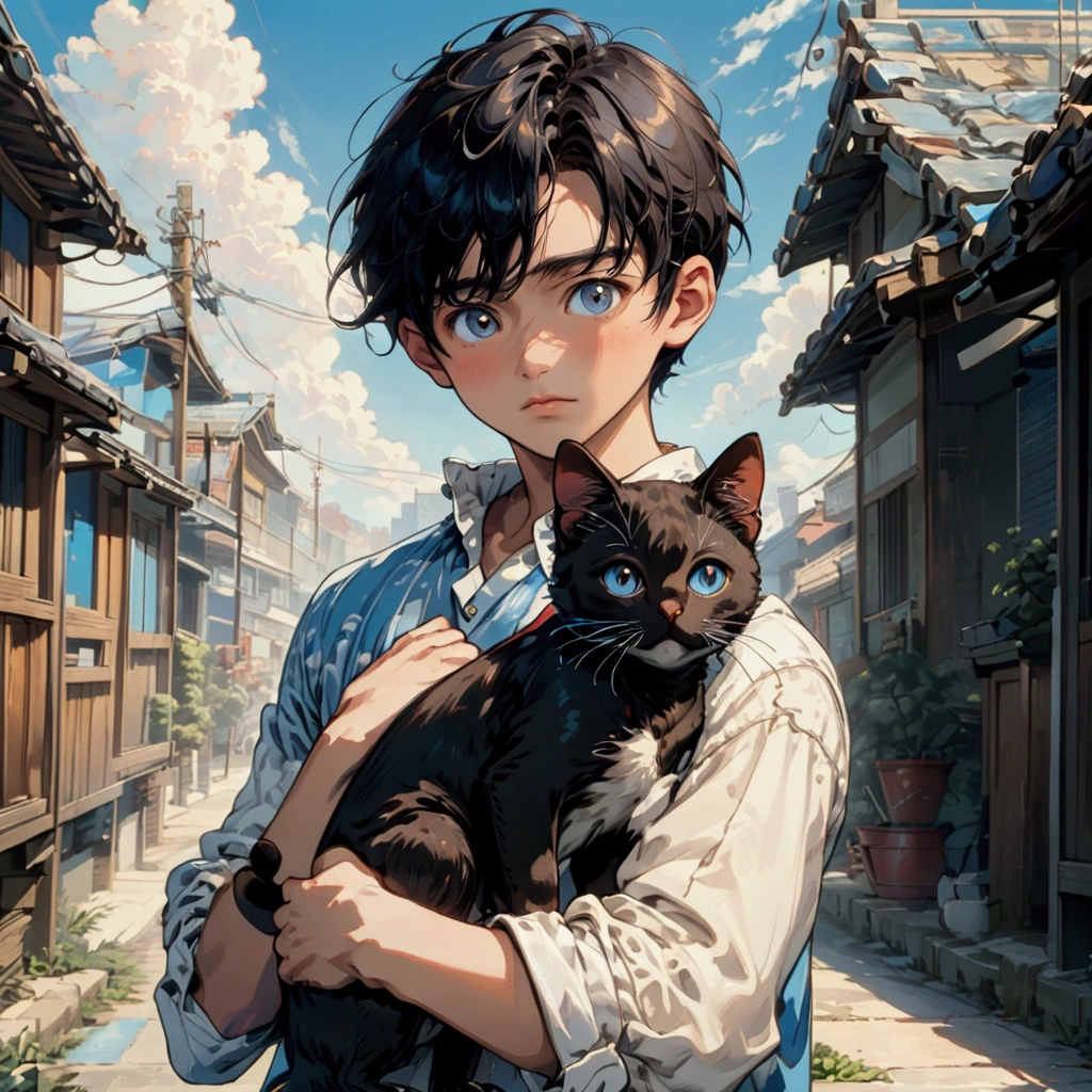 a boy, black hair, big brown eyes, blue sky background, a cat in arms, Osamu Tezuka, high resolution, the best quality, 8k