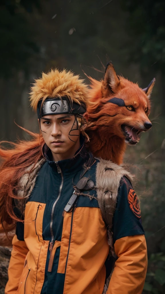 ((masterpiece,best quality)), Generate an image of Naruto Uzumaki standing confidently with Kurama, the Nine-Tailed Fox, behind him. Naruto should be wearing his classic orange and blue outfit, and his expression should be serious and focused. Kurama should appear fierce and protective, with its red fur and menacing eyes. The background should be a dark, mystical environment to highlight their powerful presence.", detailed face, detailed eye, detailed finggers, detailed hand, relistic, cinematic, 4k