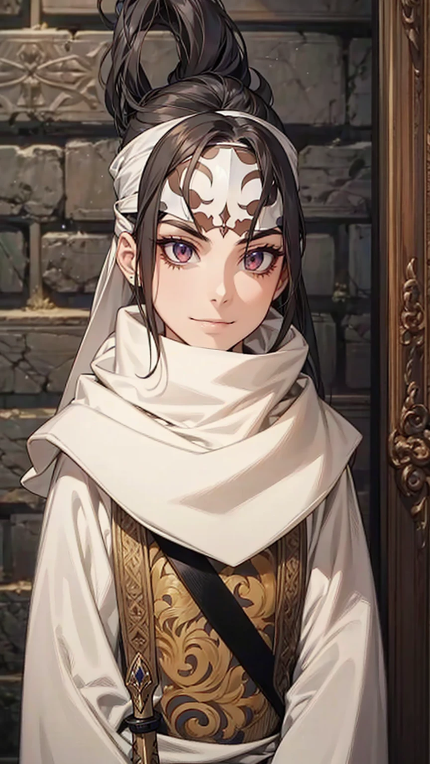 A woman with long hair, wearing a cowl and a headband on her forehead, standing in a small room, guarding and protecting the area, watching intently, with a sword on her back, detailed art work evil smile evil face evil look
