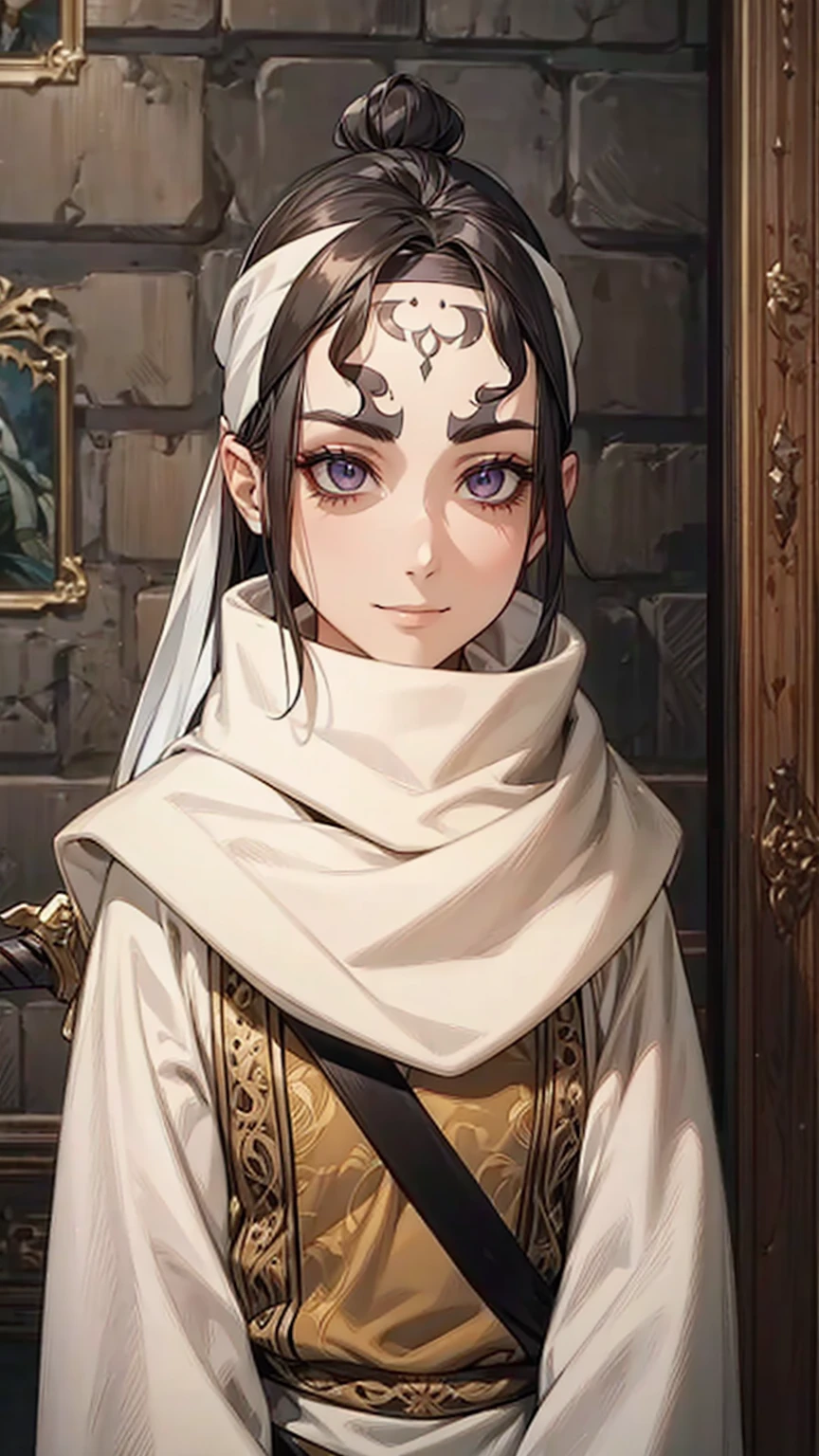 A woman with long hair, wearing a cowl and a headband on her forehead, standing in a small room, guarding and protecting the area, watching intently, with a sword on her back, detailed art work evil smile evil face evil look
