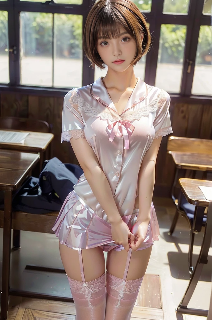 (((masterpiece, Highest quality, High resolution, 超High resolution, Pixel perfect, Written boundary depth, 4K, RTTX10.0))), Beautiful Anime Woman, Beautiful art style, Anime characters, ((Smooth texture, Realistic texture, Anime CG style)), Exact finger count、Exact number of legs、(Exact number of arms:1.0, Exact number of hands:1.0), (Perfect hands, Perfect Anatomy), Cinematic, Realistic, Highly detailed CG, Daytime lighting, Perfect lighting, Best Shadow, The best natural light, whole body, Perfect body, (Slender body:1.2), whole body, ((bangs, Dark brown hair, Stylish and cute bob cut)), ((Cute woman shows off panties in her hands:1.3)), (Fashionable white shirt, Sailor collar, Knee-high socks, loafers, Navy pleated mini skirt:1.3), ((Sexy and cute panties, (Stylish shiny satin pink panties:1.2), Side tie panties, Small lace panties:1):1.3), (Beautiful and very large breasts:1.1), (Beautiful and thin thighs:1.3), Short torso, Feeling embarrassed, (blush:1.2), (Embarrassed expression:1.4), (In the school classroom:1.3), Angle from the front,(((Sexy see-through lingerie for women,Shiny bodysuit,Smooth and silky clothing,Trimmed combination,Lace Stockings,Erotic leash,pajamas))),