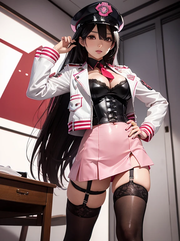 Photorealistic, high resolution, A Japanese Police woman named Kimmi, solo, heavy makeup, Hips up, (Detailed face), Black hair, Long hair. White leather jacket opened to reveal red and black corset and Pink lace Panties , pink micro skirt, Ripped Stockings. Fully clothed Pink Police Hat.