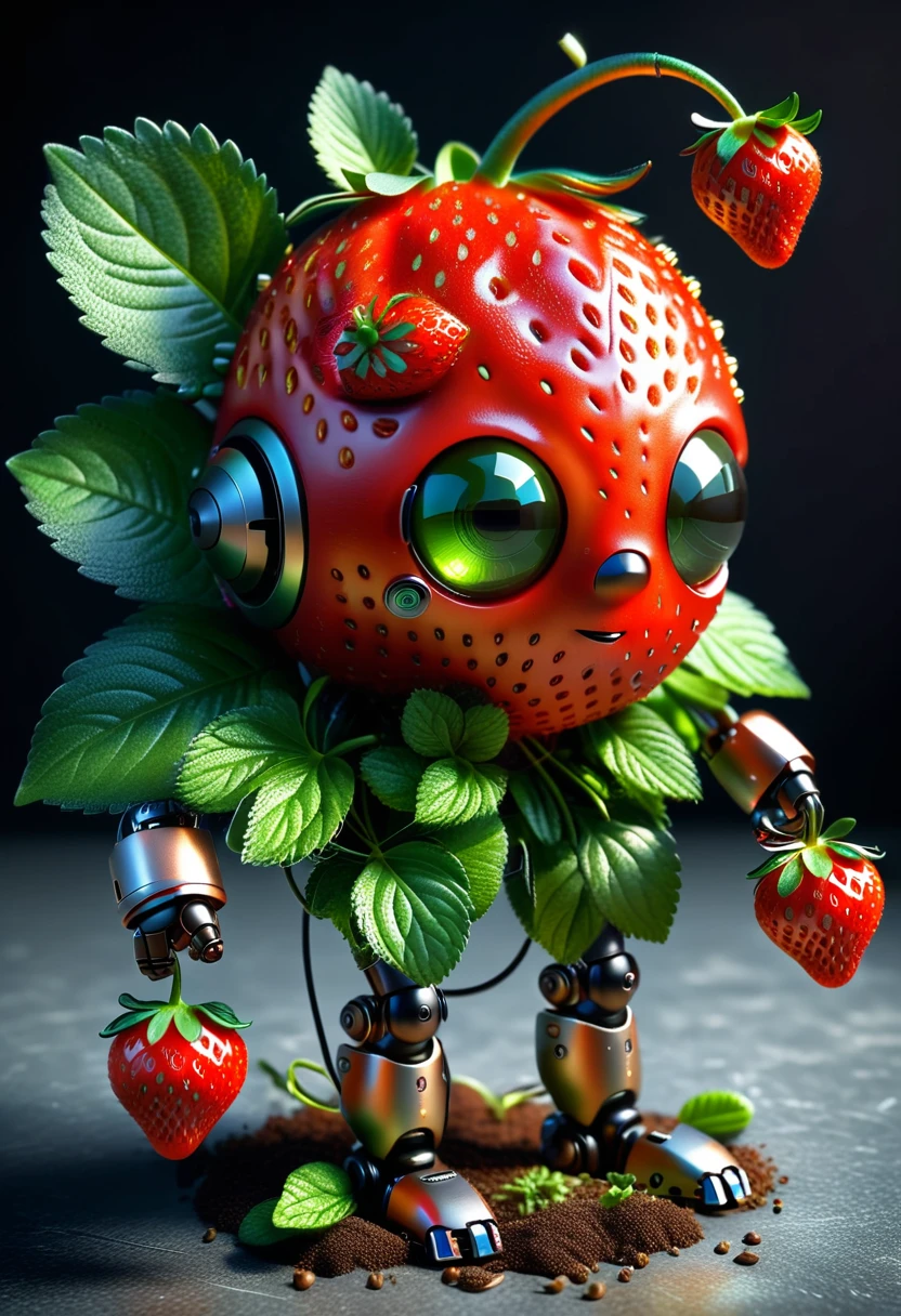 Visualize a tiny robot exhibiting the characteristics of a strawberry. It features shades of rich, intense red and is equipped with minuscule seed-like sensors. The robot's body is shaped to mimic a plump, succulent strawberry, having a round and gently heart-shaped structure. The limbs of the robot are rounded at the ends and flexible, intending to look like the green foliage and stem that accompany a strawberry. It possesses 'eyes' that glow with a gentle, warm light that mirrors the colours of a setting sun radiating off a fresh strawberry. Its function is aligned with the purpose of triggering happiness, akin to the delightful flavor of the fruit it represents. This image should not contain any forms of text.