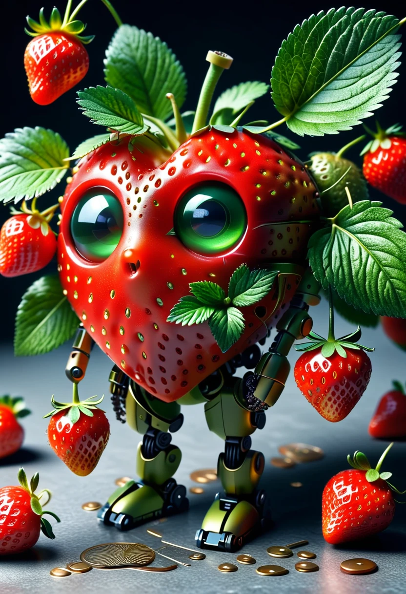 Visualize a tiny robot exhibiting the characteristics of a strawberry. It features shades of rich, intense red and is equipped with minuscule seed-like sensors. The robot's body is shaped to mimic a plump, succulent strawberry, having a round and gently heart-shaped structure. The limbs of the robot are rounded at the ends and flexible, intending to look like the green foliage and stem that accompany a strawberry. It possesses 'eyes' that glow with a gentle, warm light that mirrors the colours of a setting sun radiating off a fresh strawberry. Its function is aligned with the purpose of triggering happiness, akin to the delightful flavor of the fruit it represents. This image should not contain any forms of text.