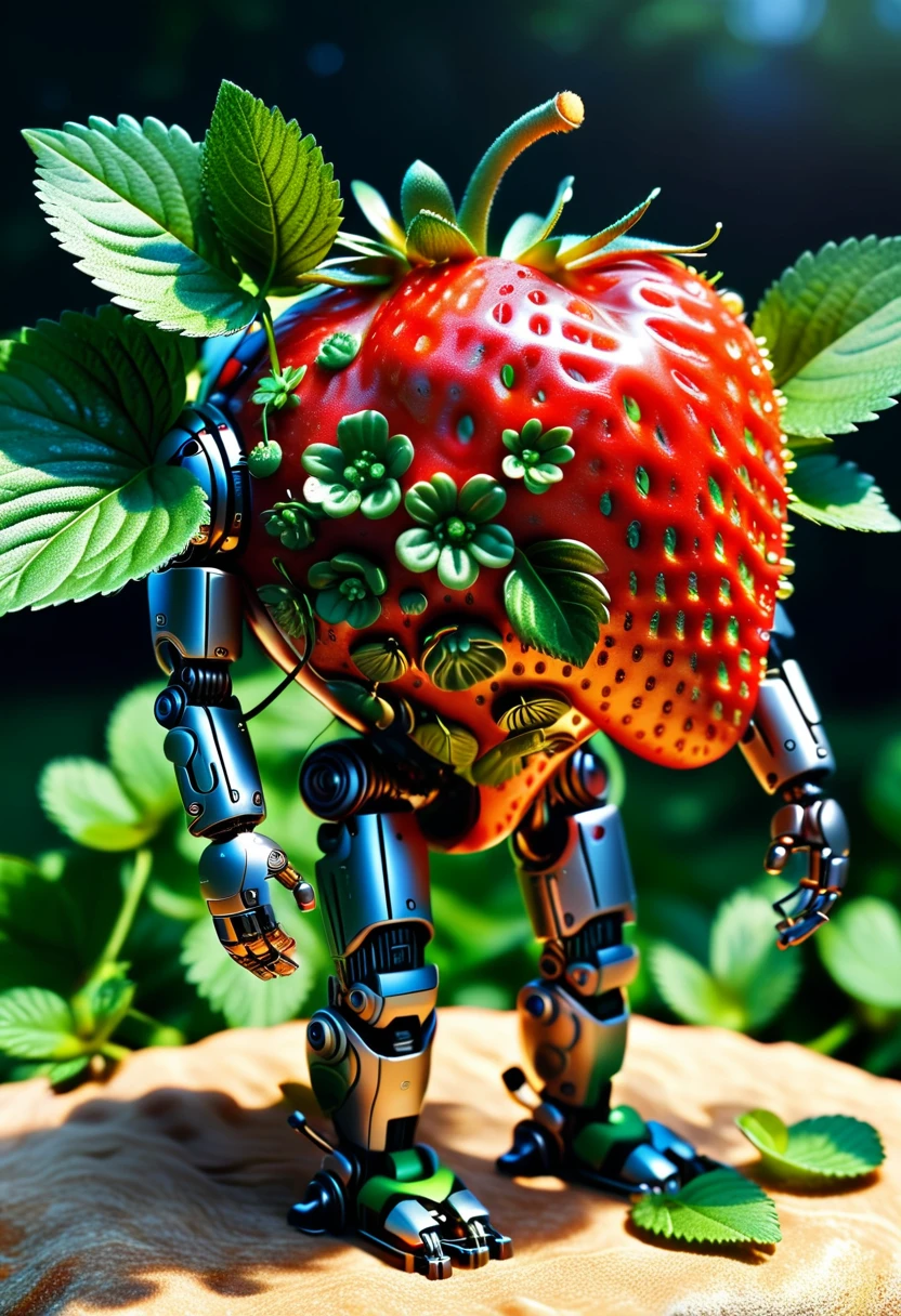 Visualize a tiny robot exhibiting the characteristics of a strawberry. It features shades of rich, intense red and is equipped with minuscule seed-like sensors. The robot's body is shaped to mimic a plump, succulent strawberry, having a round and gently heart-shaped structure. The limbs of the robot are rounded at the ends and flexible, intending to look like the green foliage and stem that accompany a strawberry. It possesses 'eyes' that glow with a gentle, warm light that mirrors the colours of a setting sun radiating off a fresh strawberry. Its function is aligned with the purpose of triggering happiness, akin to the delightful flavor of the fruit it represents. This image should not contain any forms of text.
